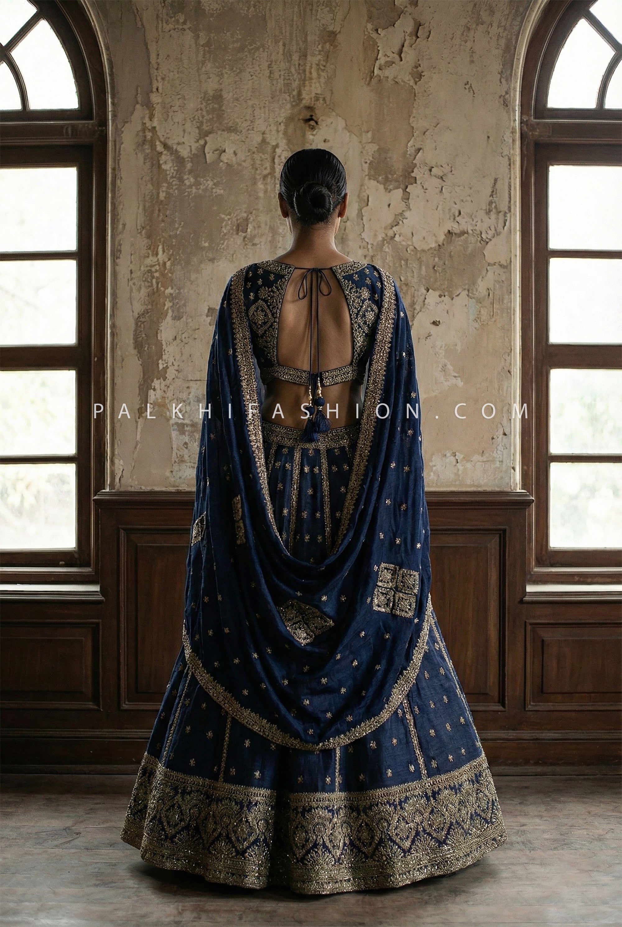 Navy Blue Bridesmaid Lehenga with Antique Zari Embroidery | Palkhi Fashion