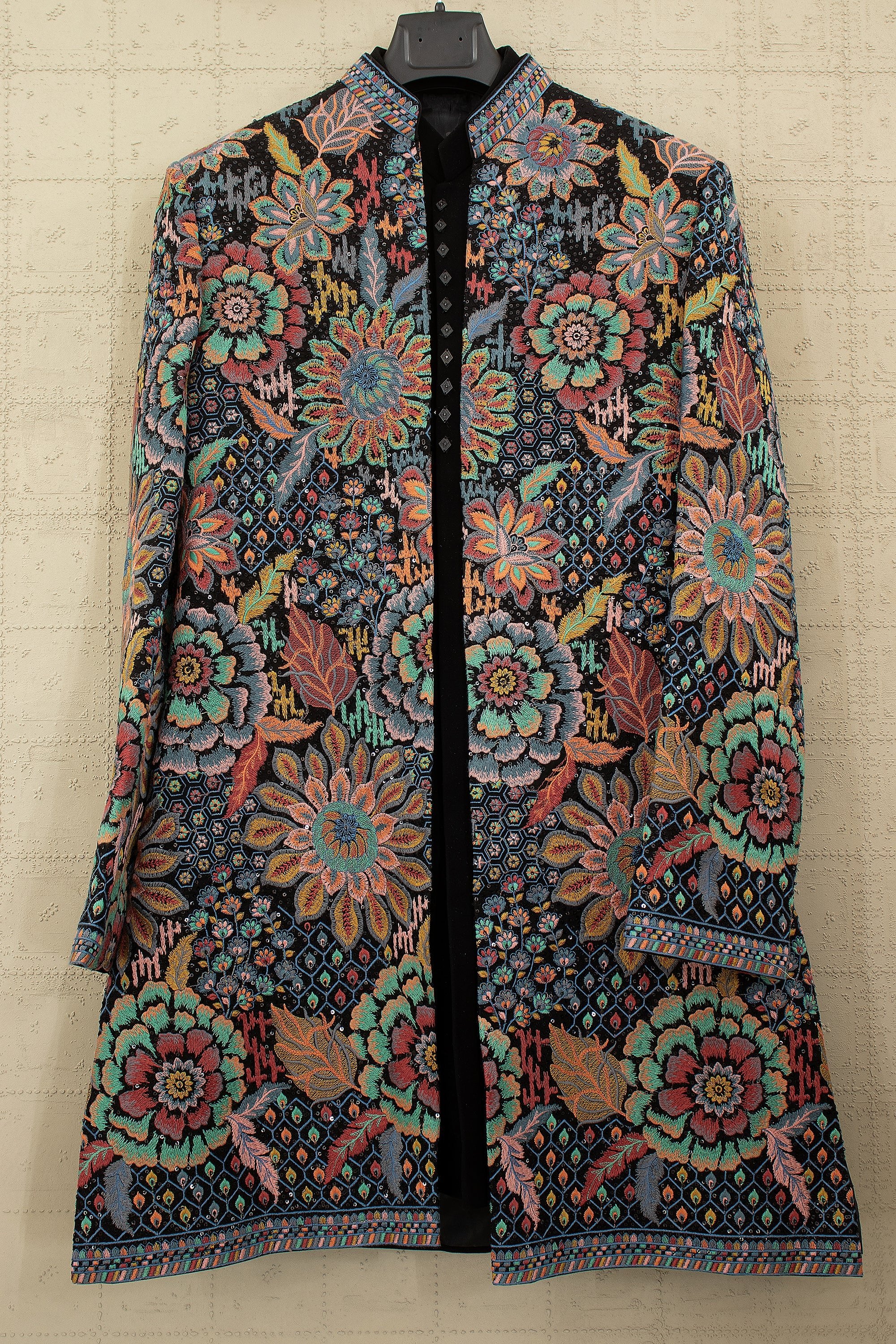 Noir Bloom Royale: Designer Black Silk Indo Western Jacket with Vibrant Thread & Embossed Work – Palkhi Fashion