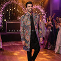 Noir Bloom Royale: Designer Black Silk Indo Western Jacket with Vibrant Thread & Embossed Work – Palkhi Fashion