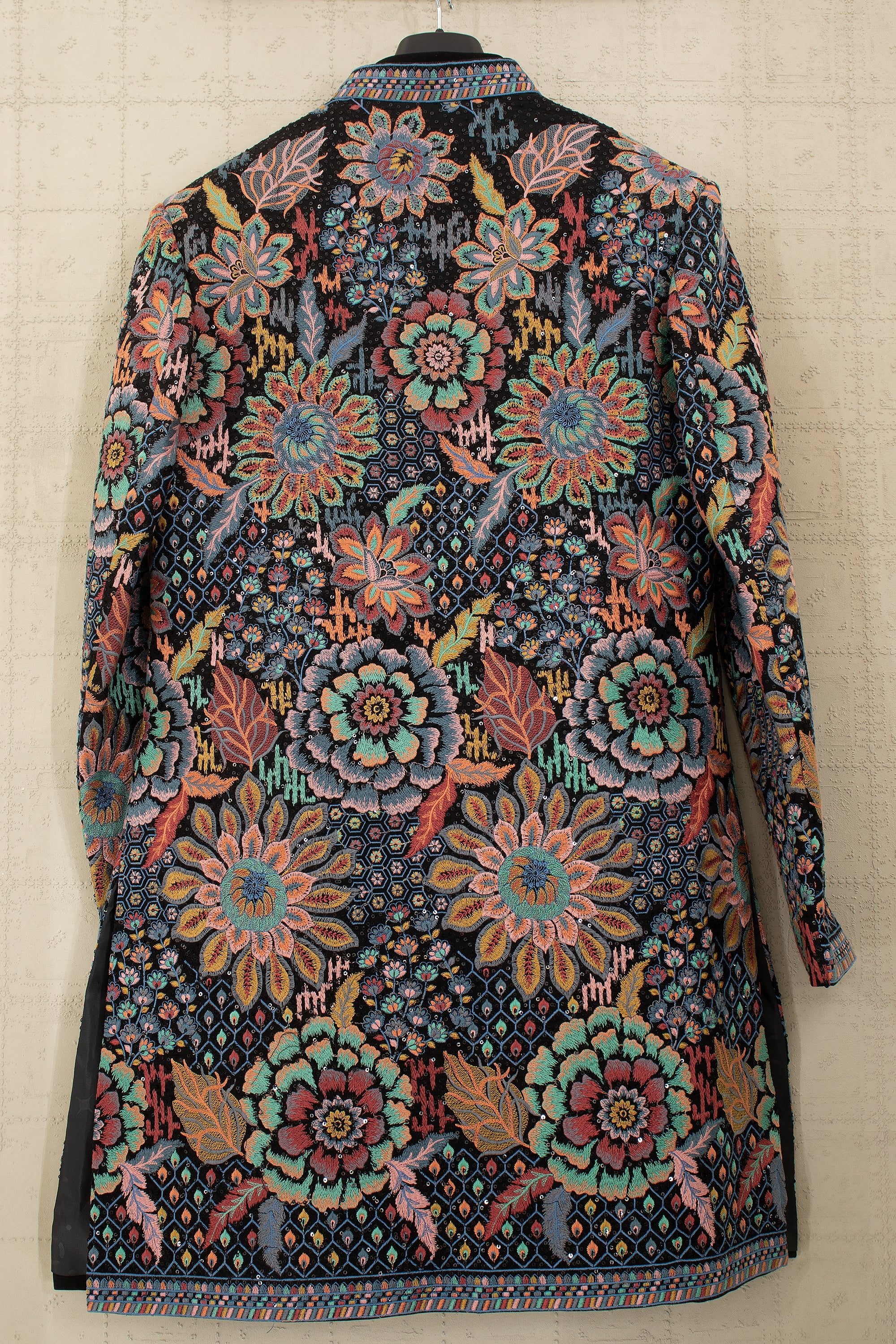 Noir Bloom Royale: Designer Black Silk Indo Western Jacket with Vibrant Thread & Embossed Work – Palkhi Fashion