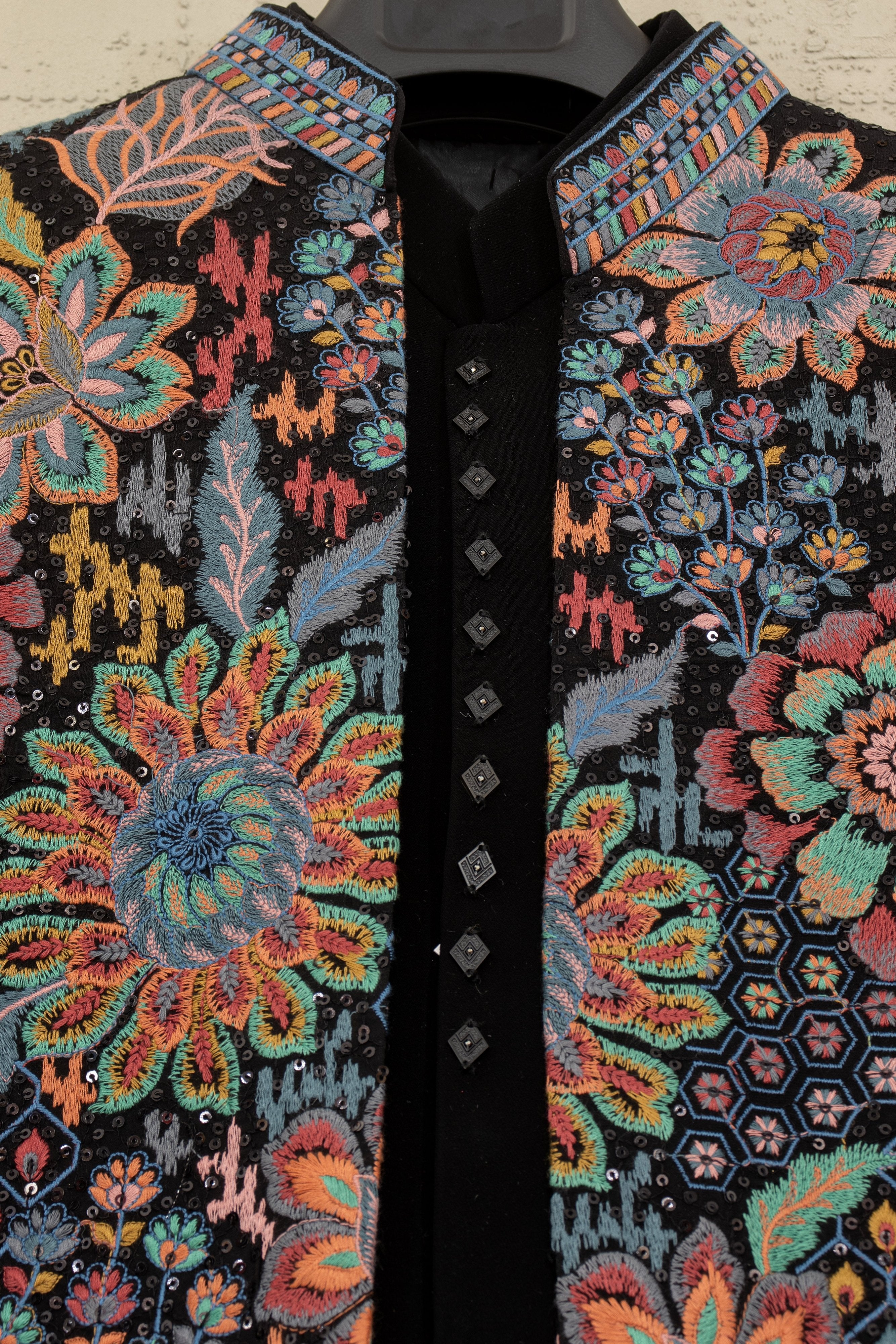 Noir Bloom Royale: Designer Black Silk Indo Western Jacket with Vibrant Thread & Embossed Work – Palkhi Fashion