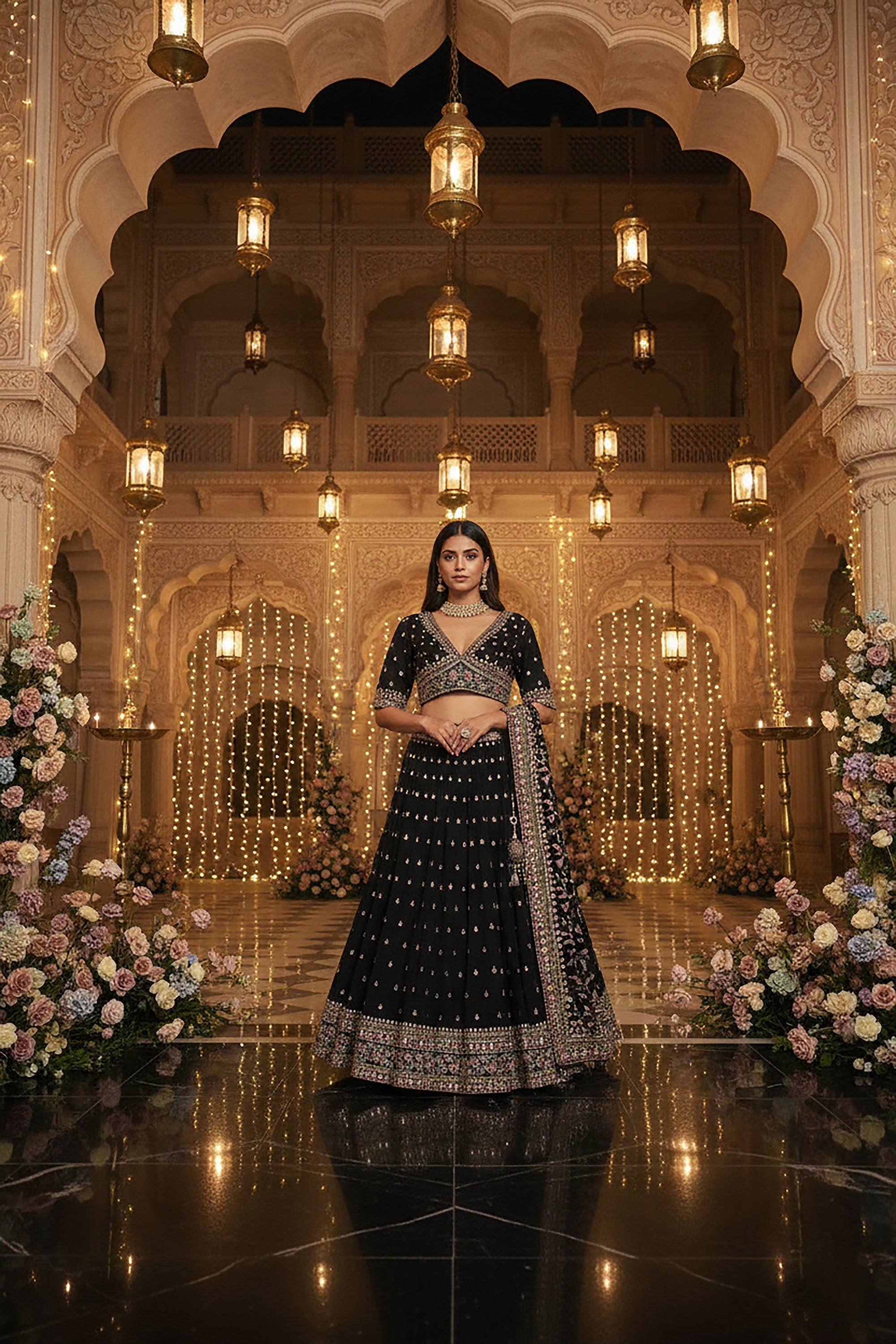 🖤 Noir Elegance: Thread - Embroidered Black Lehenga Choli Set by Palkhi Fashion