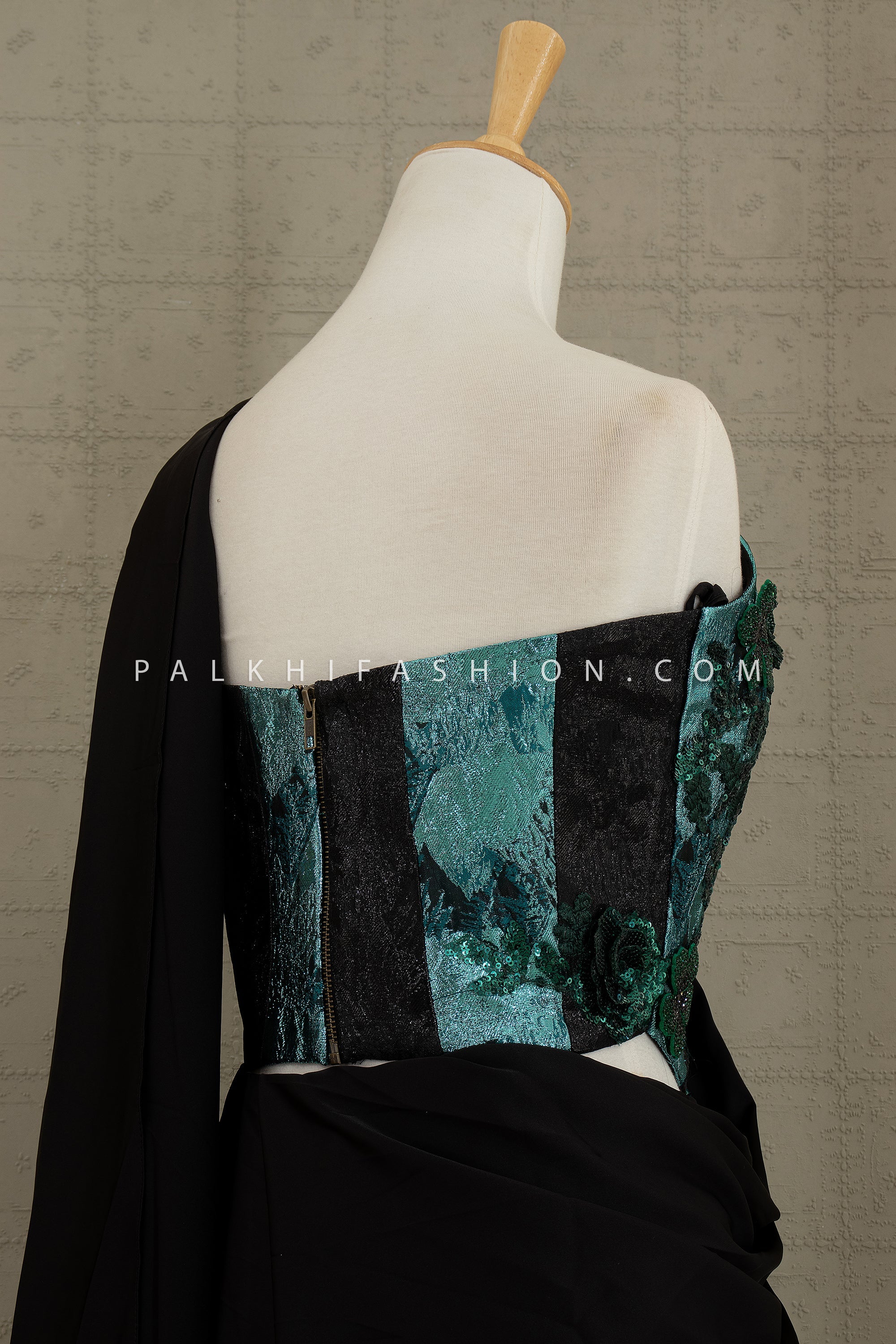 🖤 Noir Enchanté: Black & Teal Sculpted Drape Saree with 3D Floral Embellishments – Palkhi Fashion
