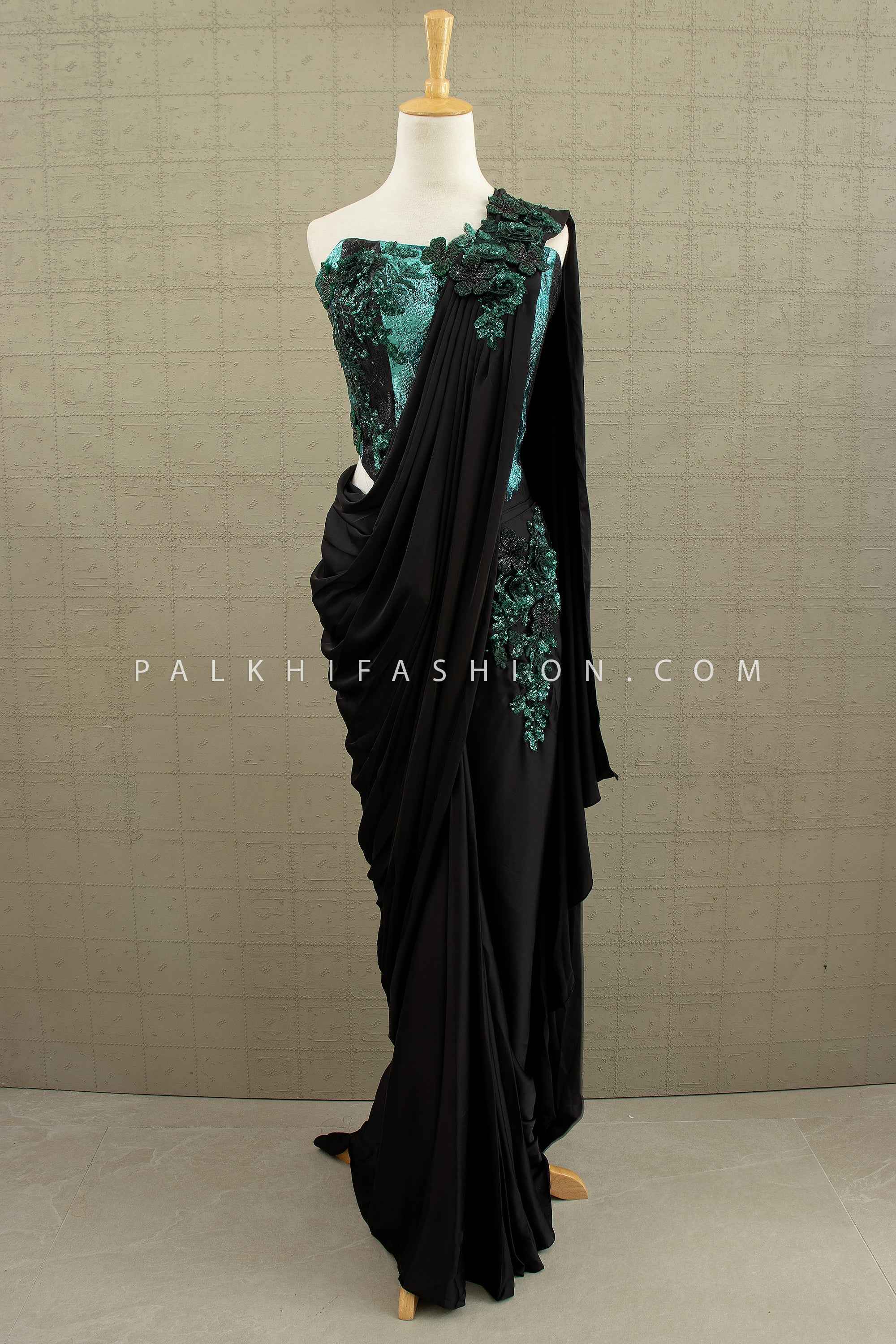 Black & Teal Sculpted Saree with Corset Blouse Palkhi Fashion Black & Teal Sculpted Saree with Corset Blouse Palkhi Fashion
