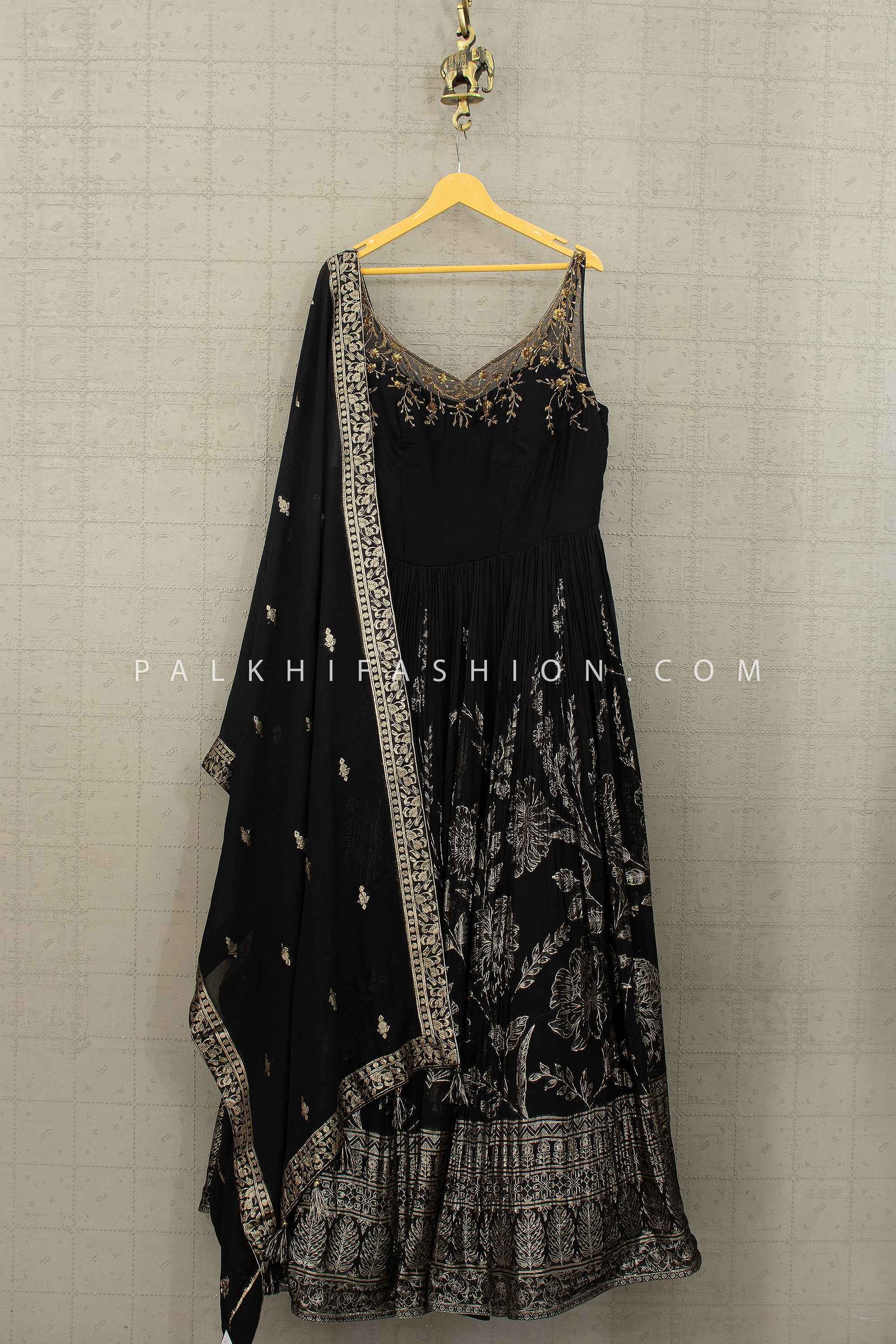 Noir Grace— Black Premium Gown with Antique Gold Kundan & Hand Embroidery | Palkhi Fashion