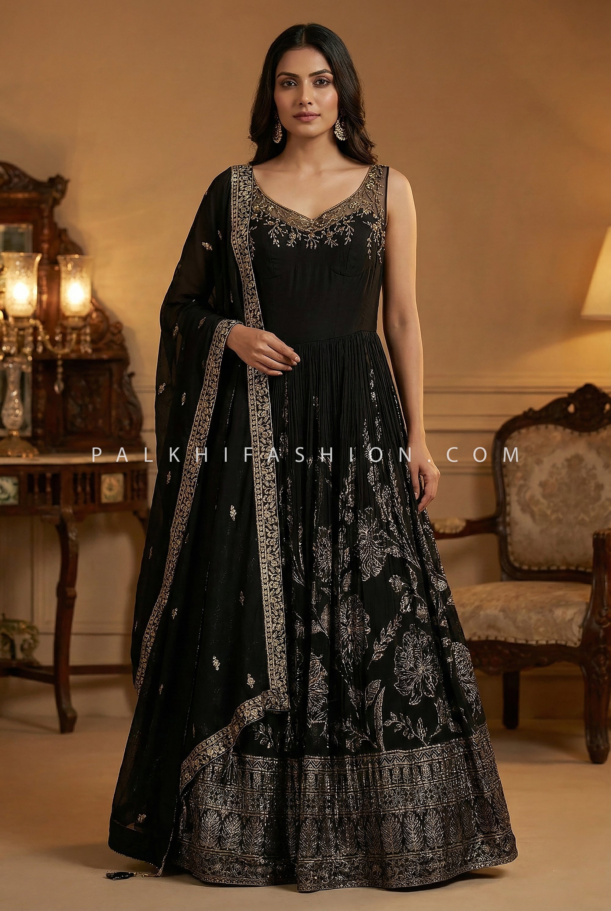 Noir Grace— Black Premium Gown with Antique Gold Kundan & Hand Embroidery | Palkhi Fashion