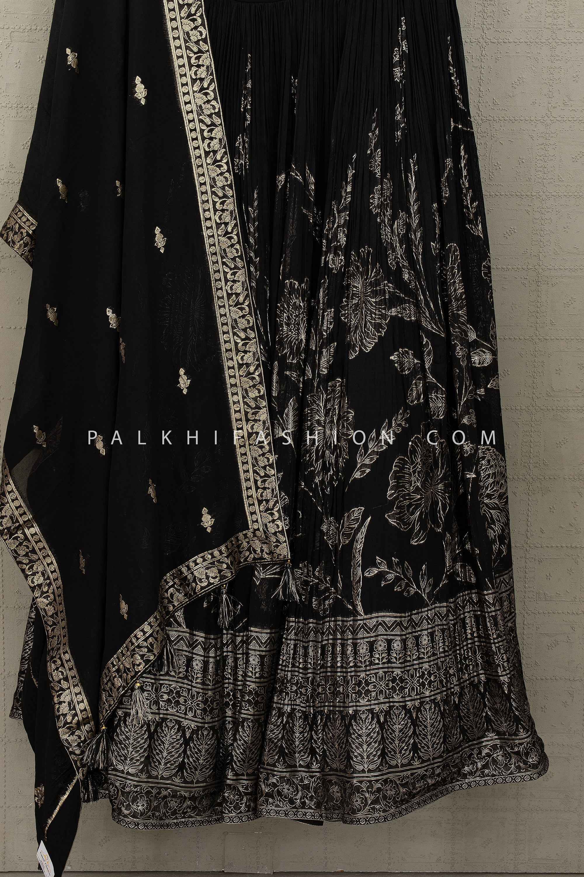 Noir Grace— Black Premium Gown with Antique Gold Kundan & Hand Embroidery | Palkhi Fashion