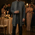Noir Nawab Edit: Designer Deep Grey Indo - Western Sherwani Jacket with Tonal Work – Palkhi Fashion USA