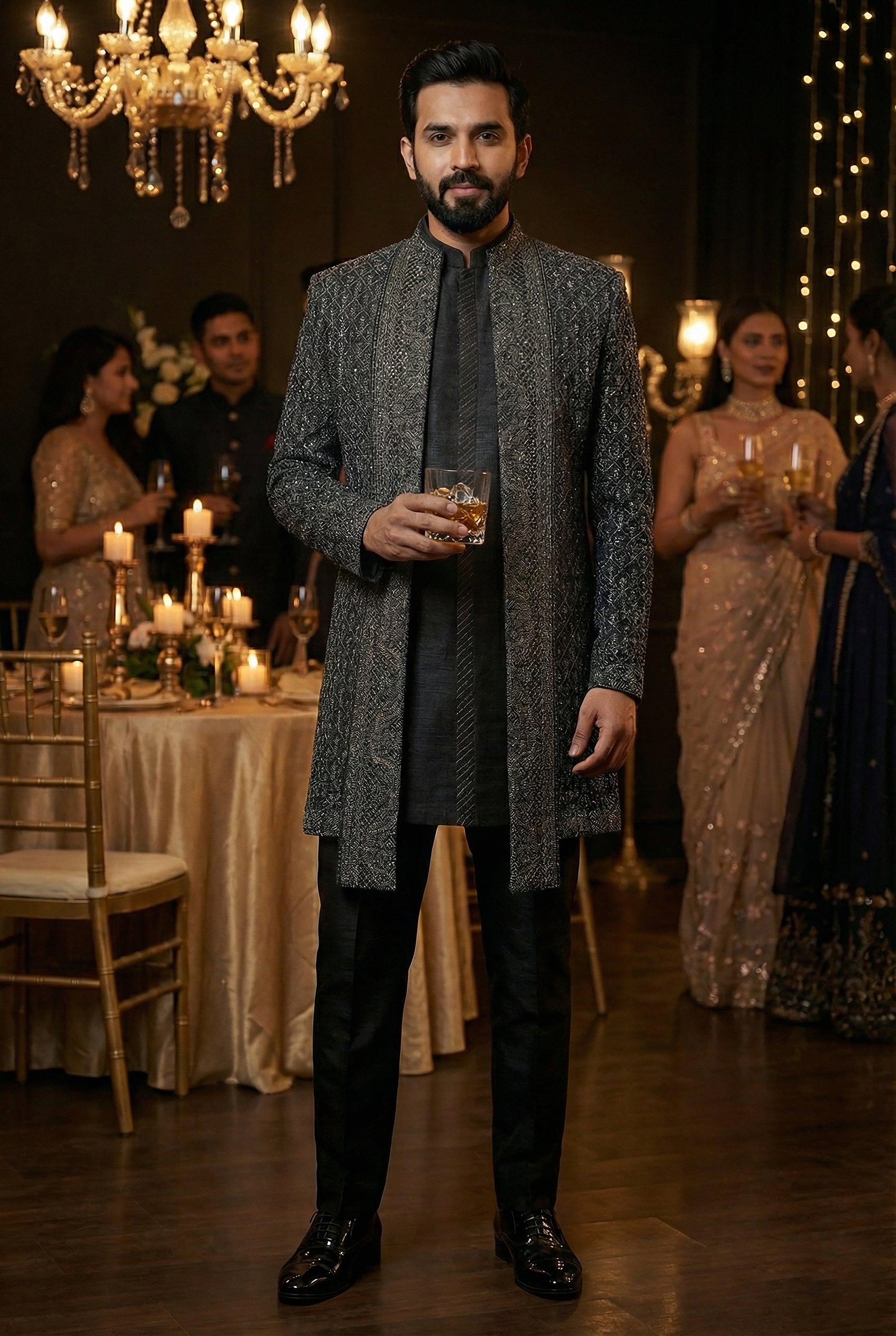 Noir Nawab Edit: Designer Deep Grey Indo - Western Sherwani Jacket with Tonal Work – Palkhi Fashion USA