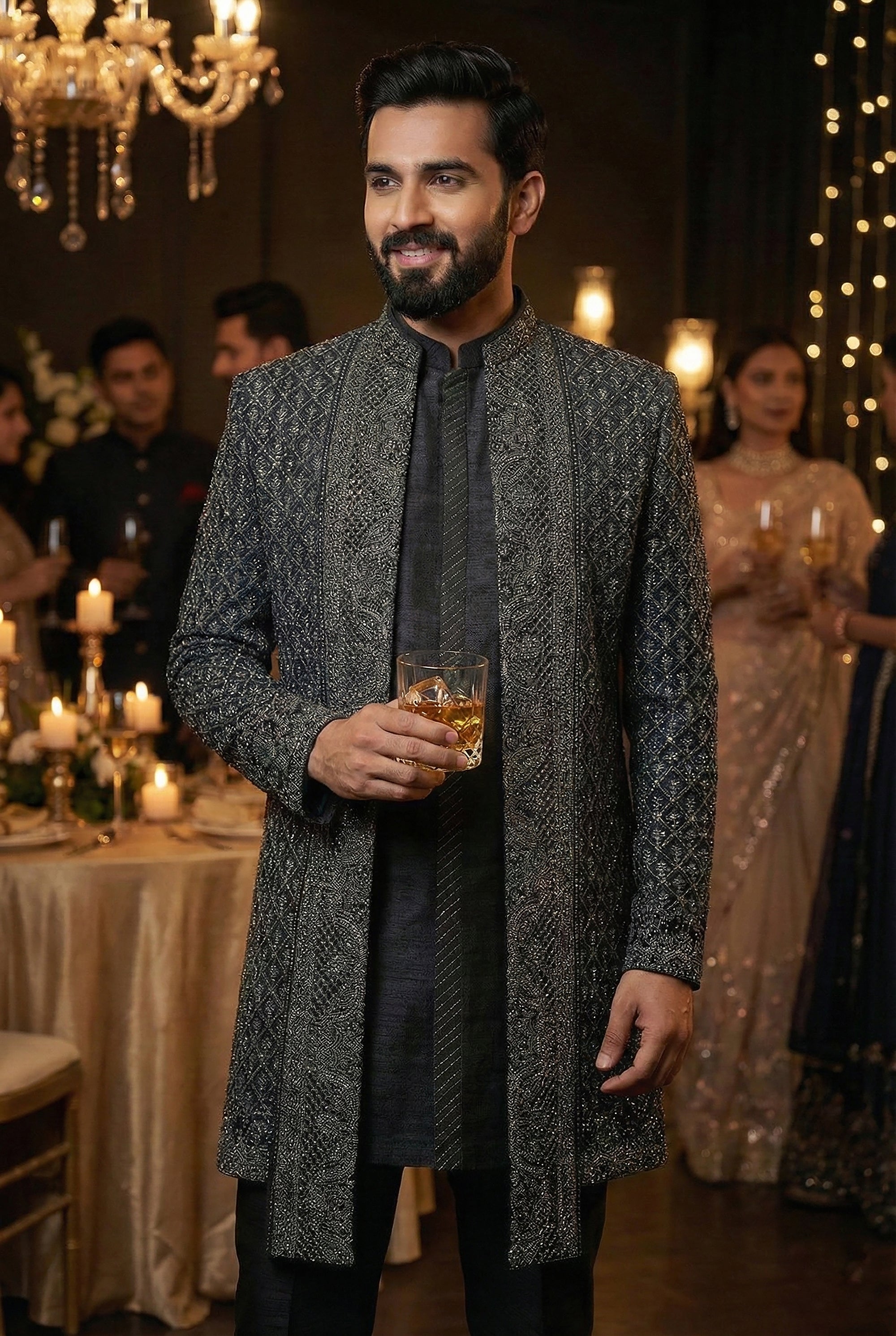Noir Nawab Edit: Designer Deep Grey Indo - Western Sherwani Jacket with Tonal Work – Palkhi Fashion USA