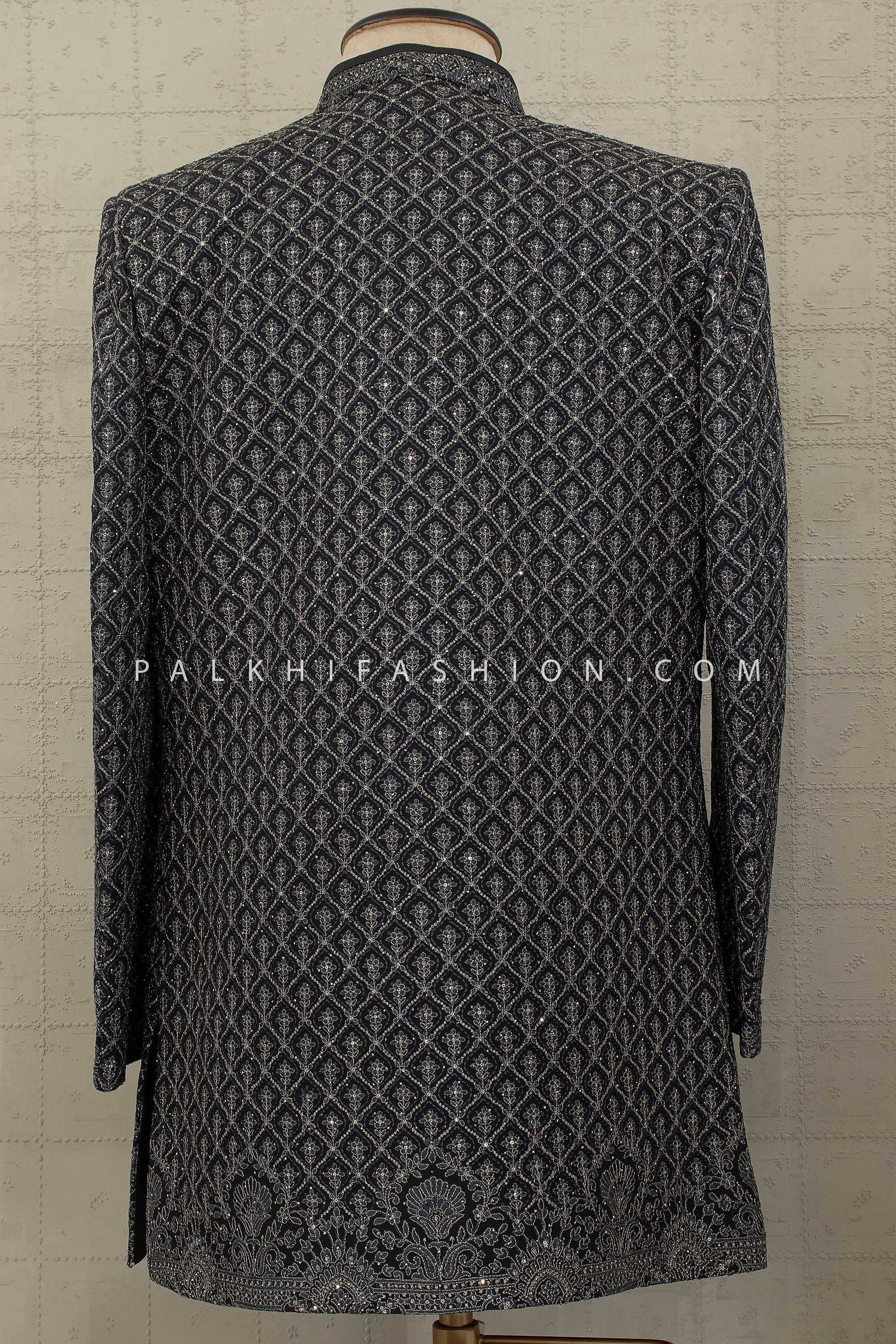 Noir Nawab Edit: Designer Deep Grey Indo - Western Sherwani Jacket with Tonal Work – Palkhi Fashion USA