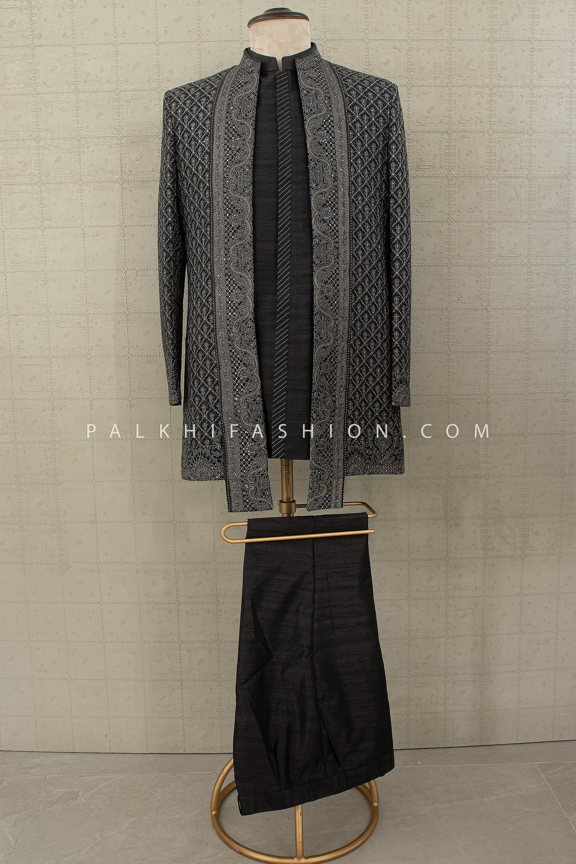 Noir Nawab Edit: Designer Deep Grey Indo - Western Sherwani Jacket with Tonal Work – Palkhi Fashion USA