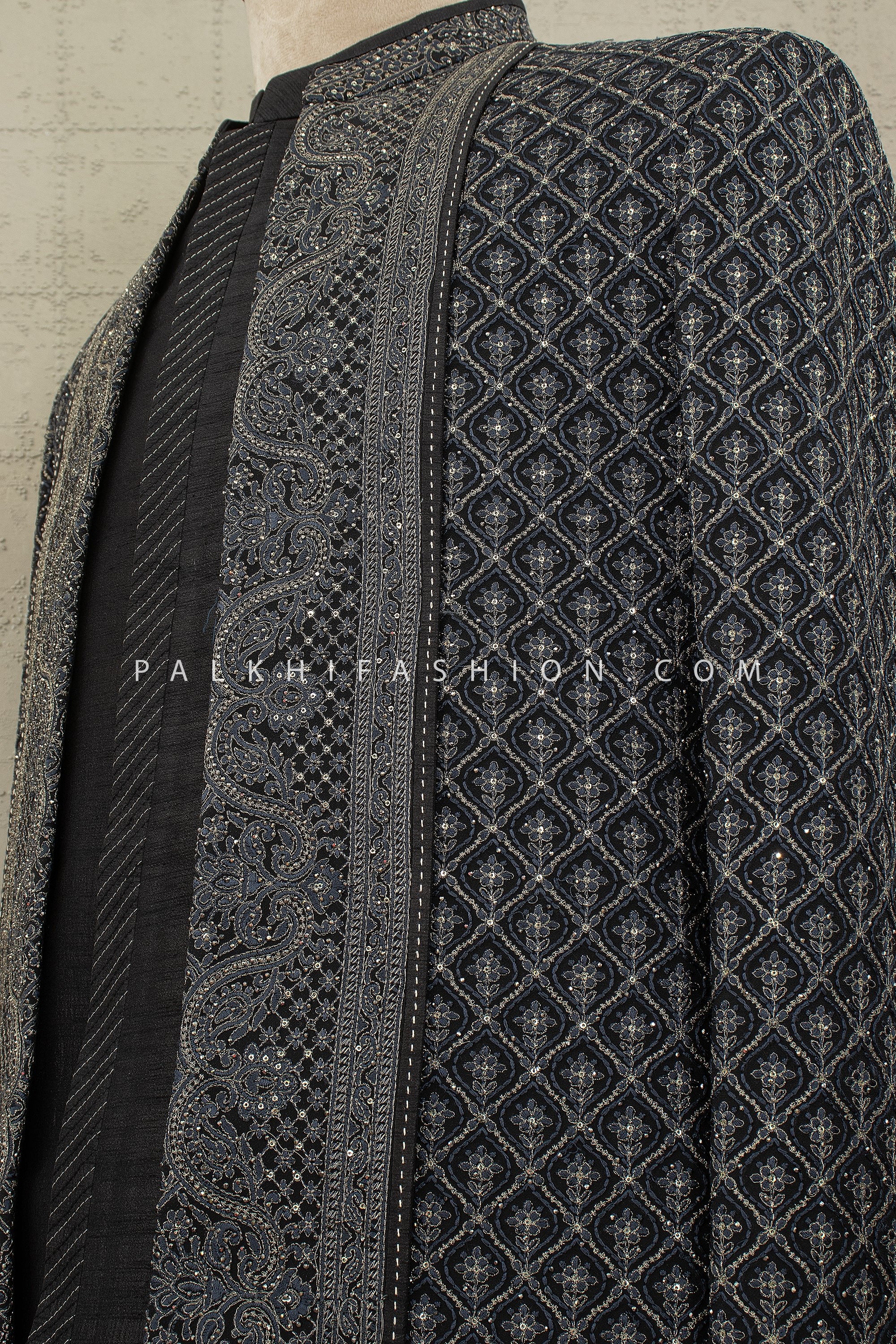 Noir Nawab Edit: Designer Deep Grey Indo - Western Sherwani Jacket with Tonal Work – Palkhi Fashion USA