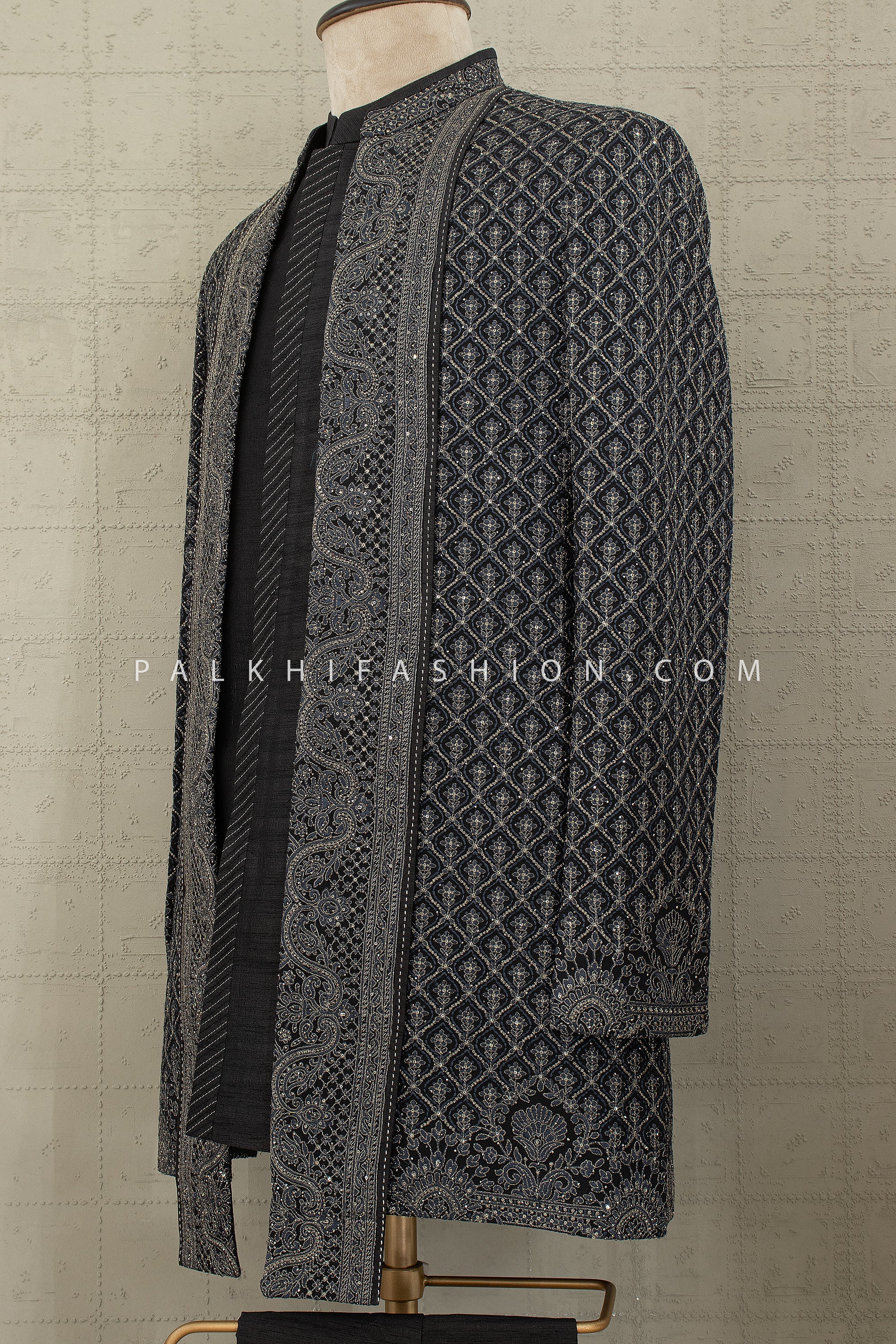 Noir Nawab Edit: Designer Deep Grey Indo - Western Sherwani Jacket with Tonal Work – Palkhi Fashion USA