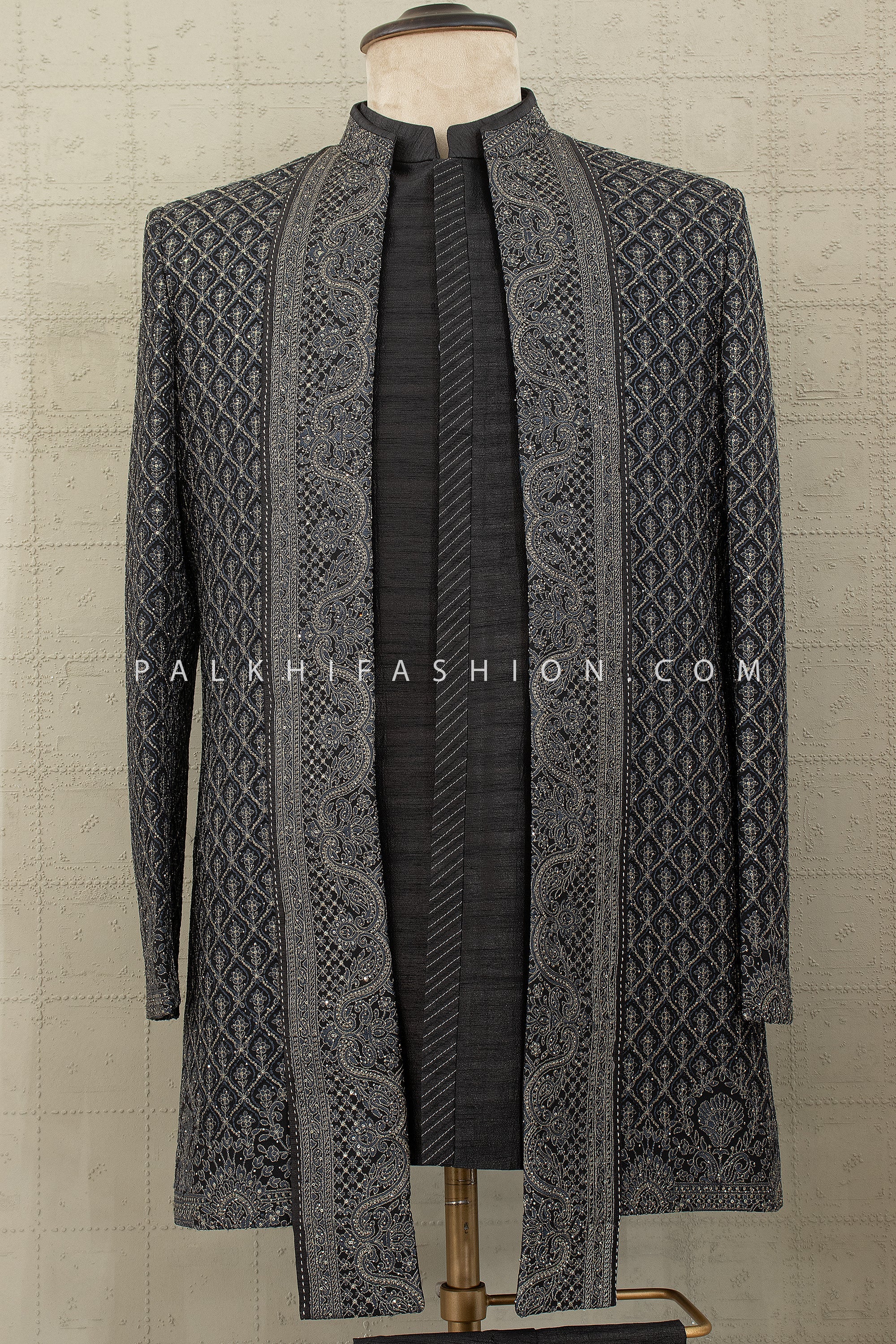 Noir Nawab Edit: Designer Deep Grey Indo - Western Sherwani Jacket with Tonal Work – Palkhi Fashion USA
