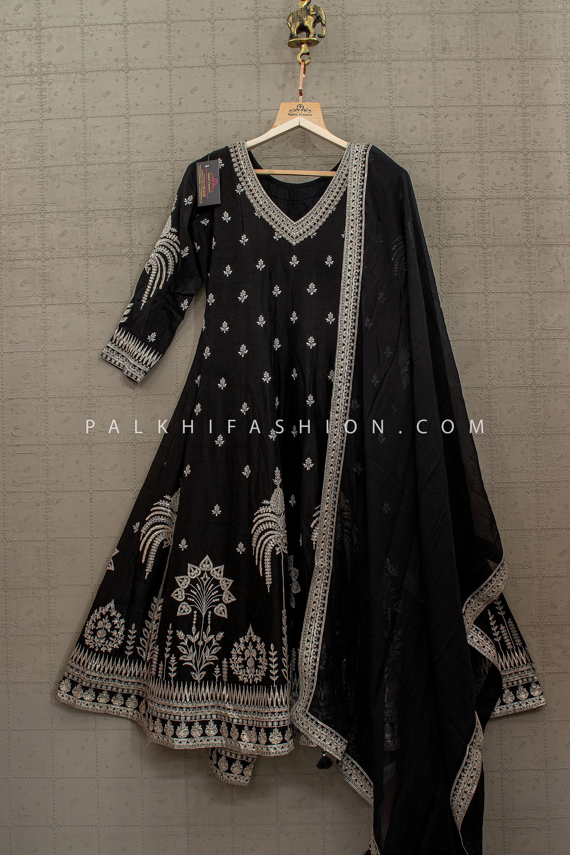 Noir Royal Elegance – Black Silver Embroidered Anarkali Suit – Palkhi Fashion