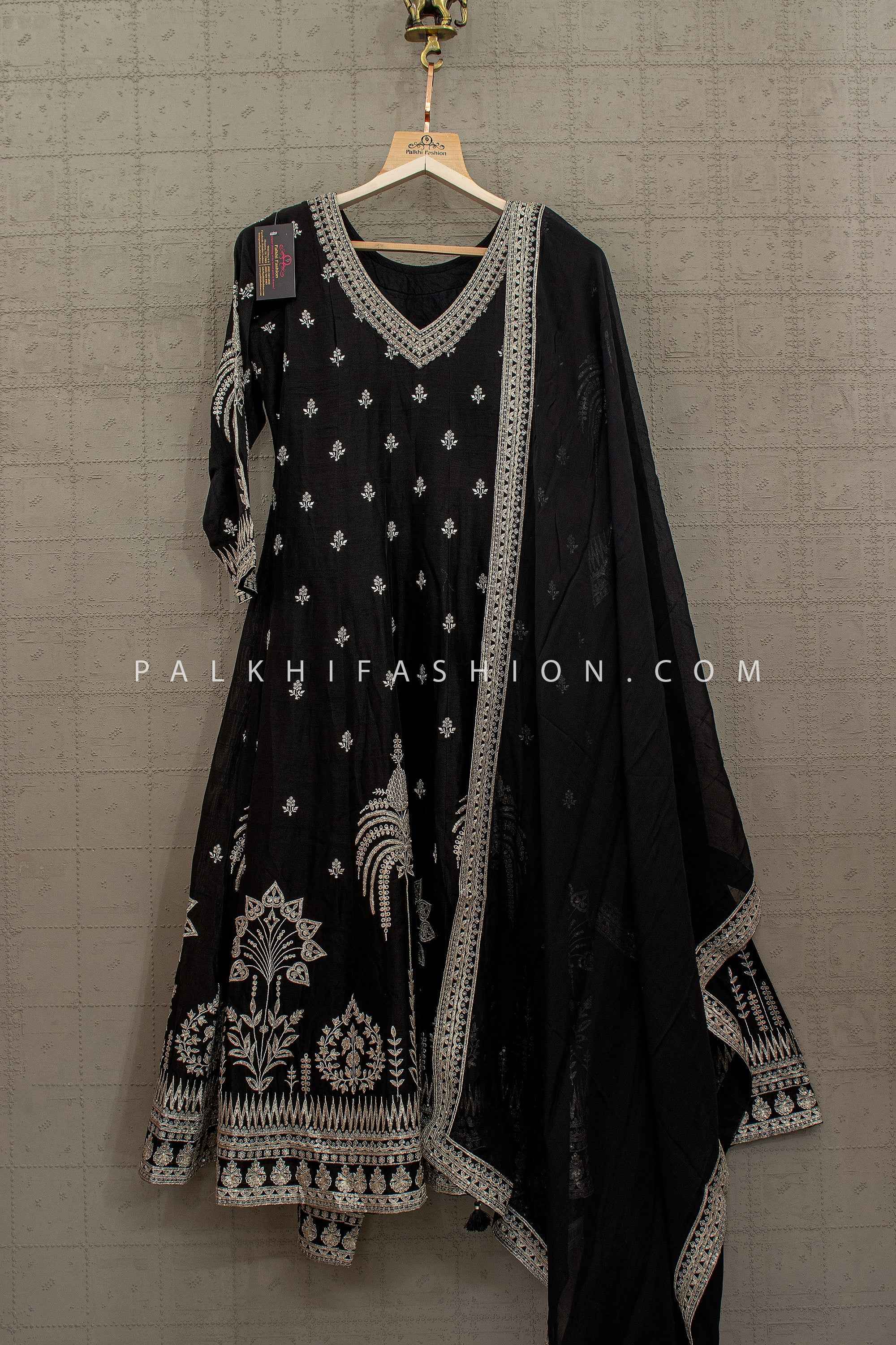 Noir Royal Elegance – Black Silver Embroidered Anarkali Suit – Palkhi Fashion
