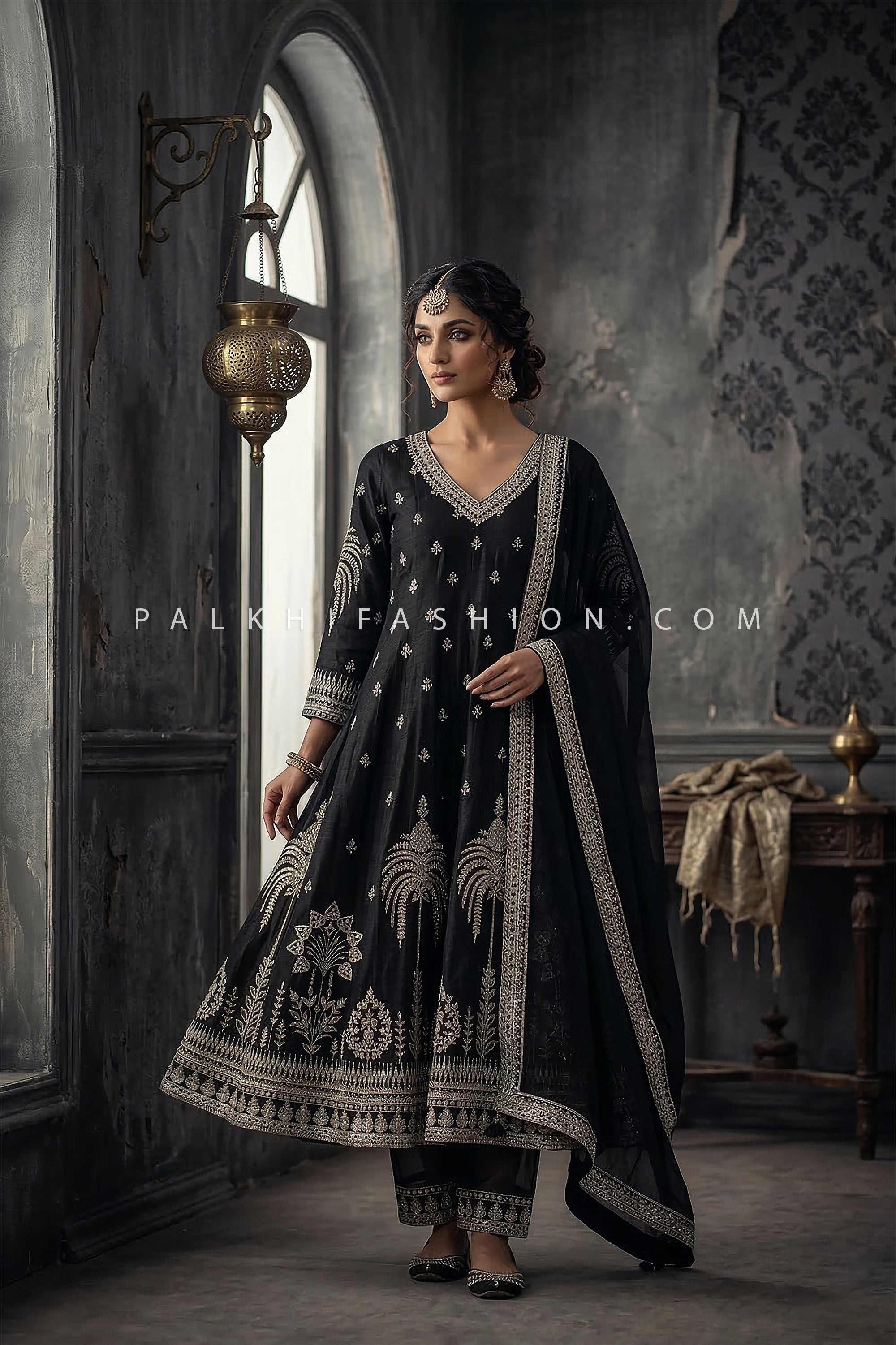 Noir Royal Elegance – Black Silver Embroidered Anarkali Suit – Palkhi Fashion