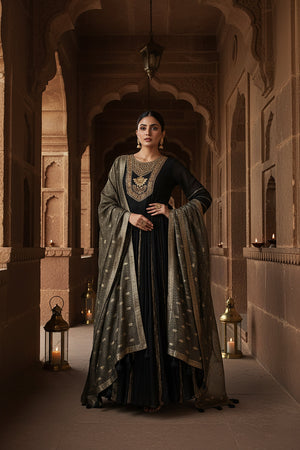 Noir Royalty: Black Anarkali Suit with Banarasi Dupatta – Palkhi Fashion