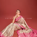 Off - White & Pink Kanjivaram Silk Saree with Elegant Weaving – Palkhi Fashion