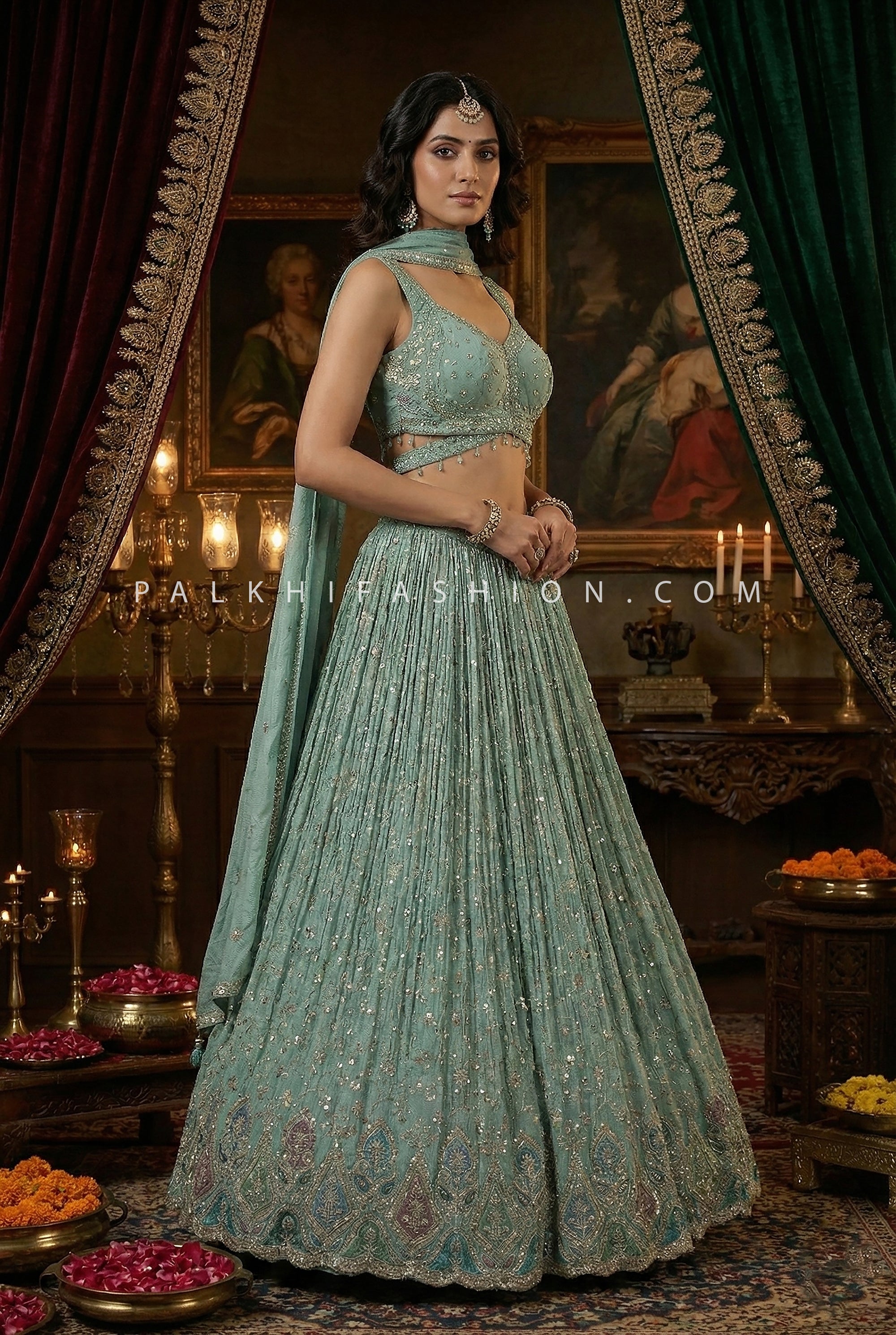 Pastel Aqua Resham & Sequin Scalloped Lehenga Choli | Palkhi Fashion Houston