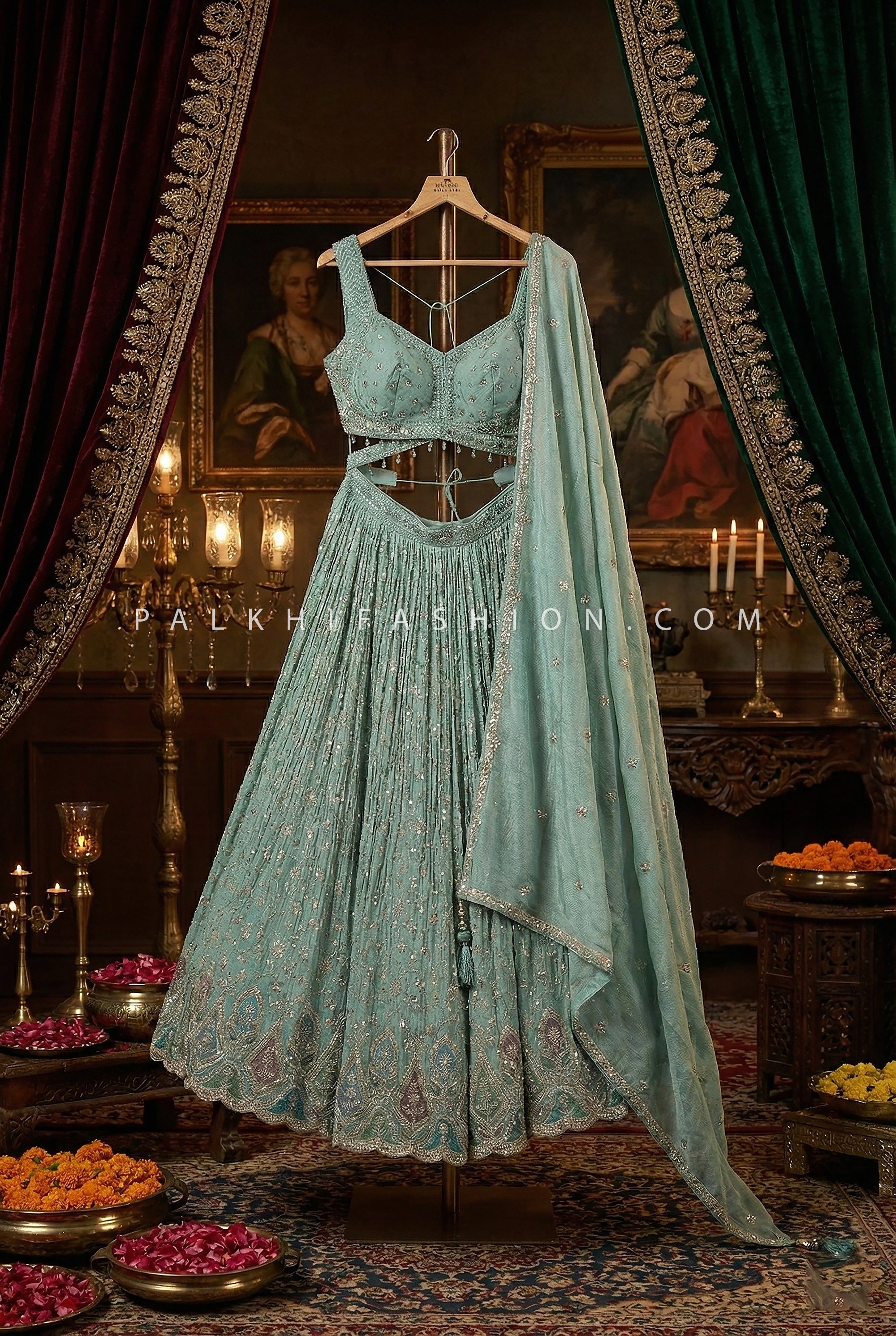 Pastel Aqua Resham & Sequin Scalloped Lehenga Choli | Palkhi Fashion Houston