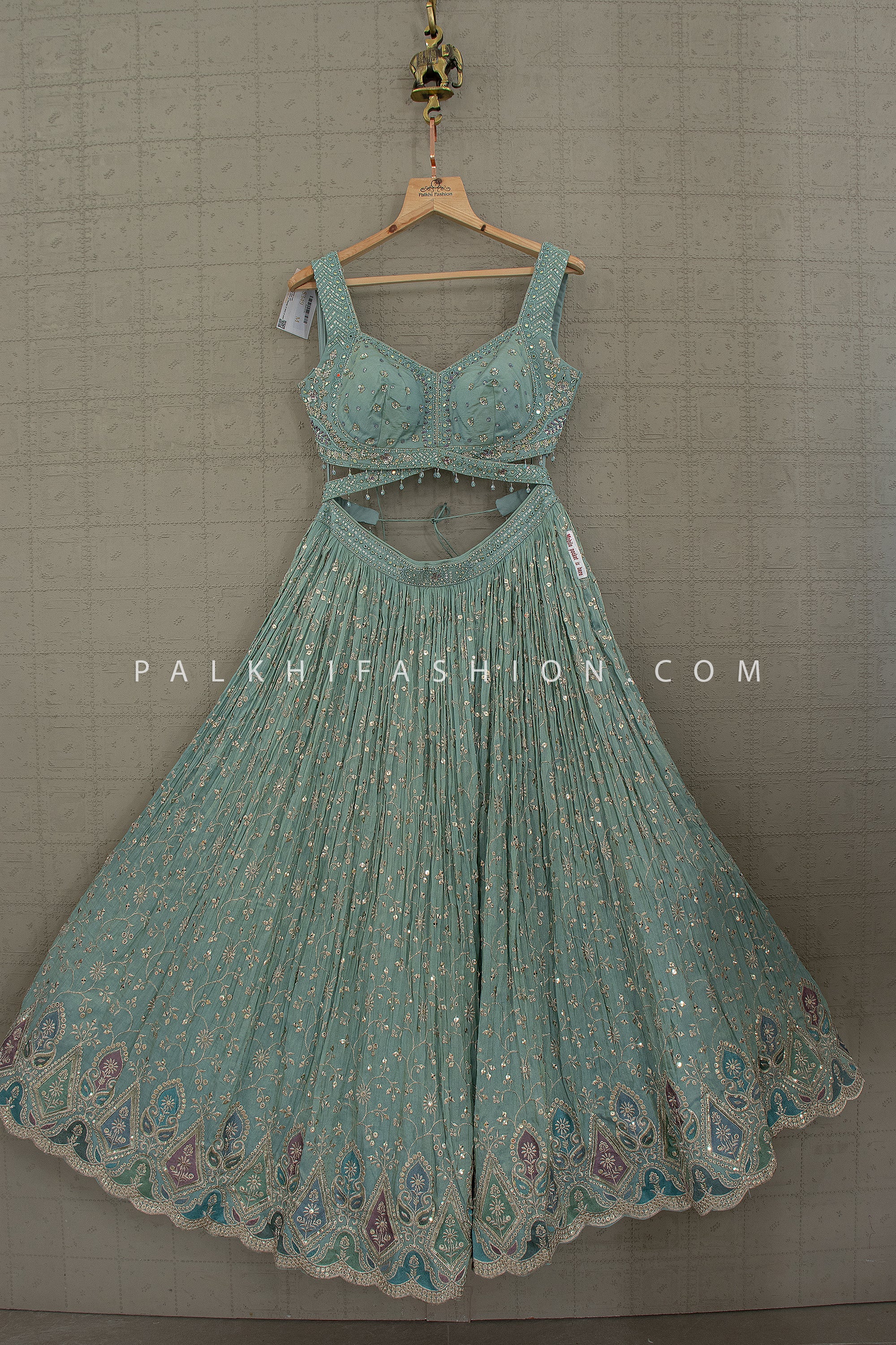 Pastel Aqua Resham & Sequin Scalloped Lehenga Choli | Palkhi Fashion Houston