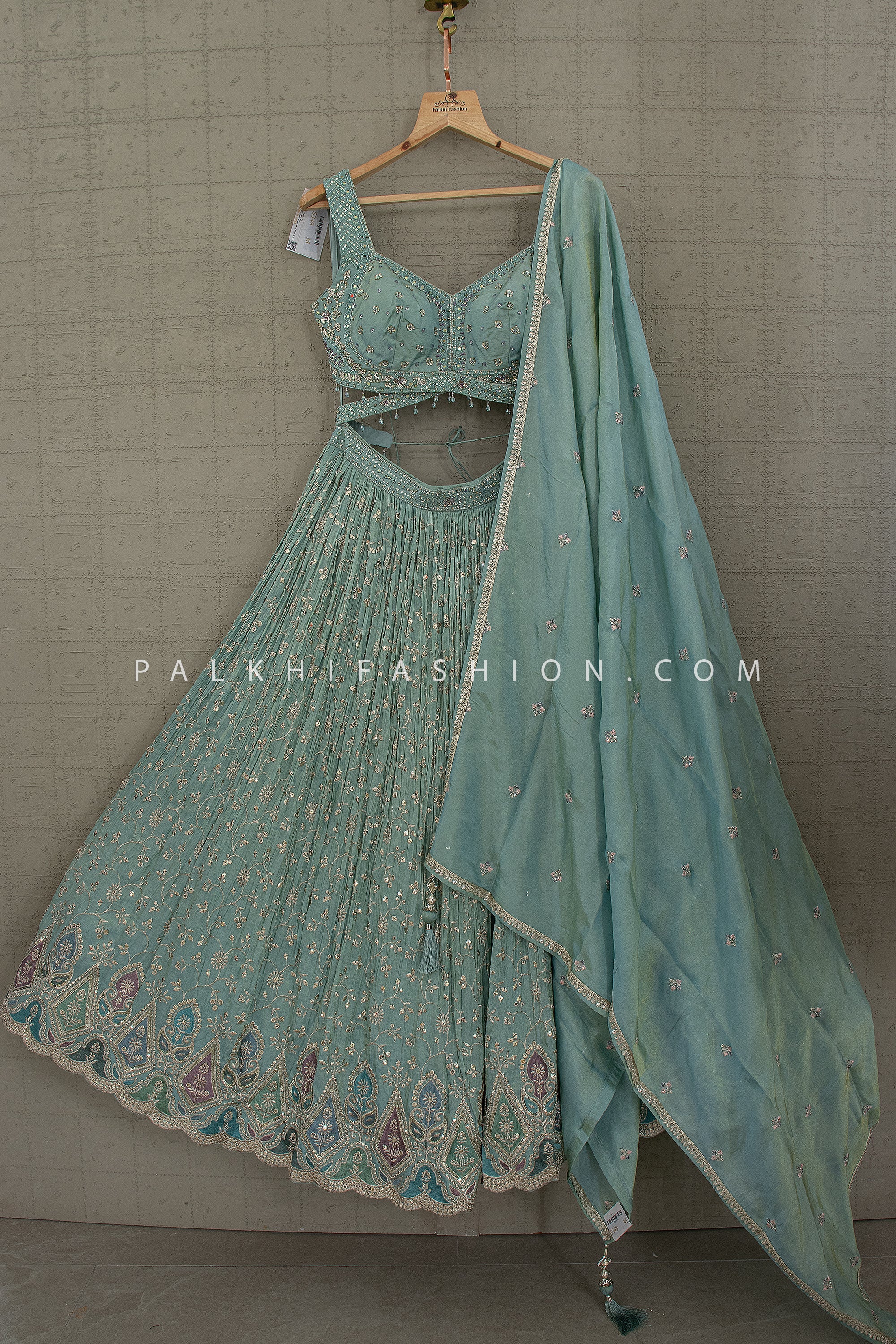 Pastel Aqua Resham & Sequin Scalloped Lehenga Choli | Palkhi Fashion Houston