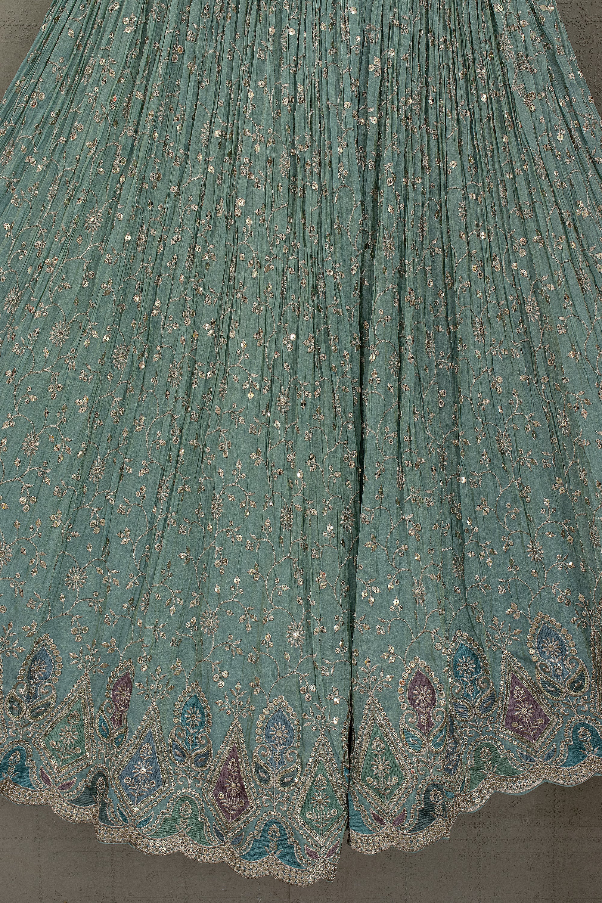 Pastel Aqua Resham & Sequin Scalloped Lehenga Choli | Palkhi Fashion Houston