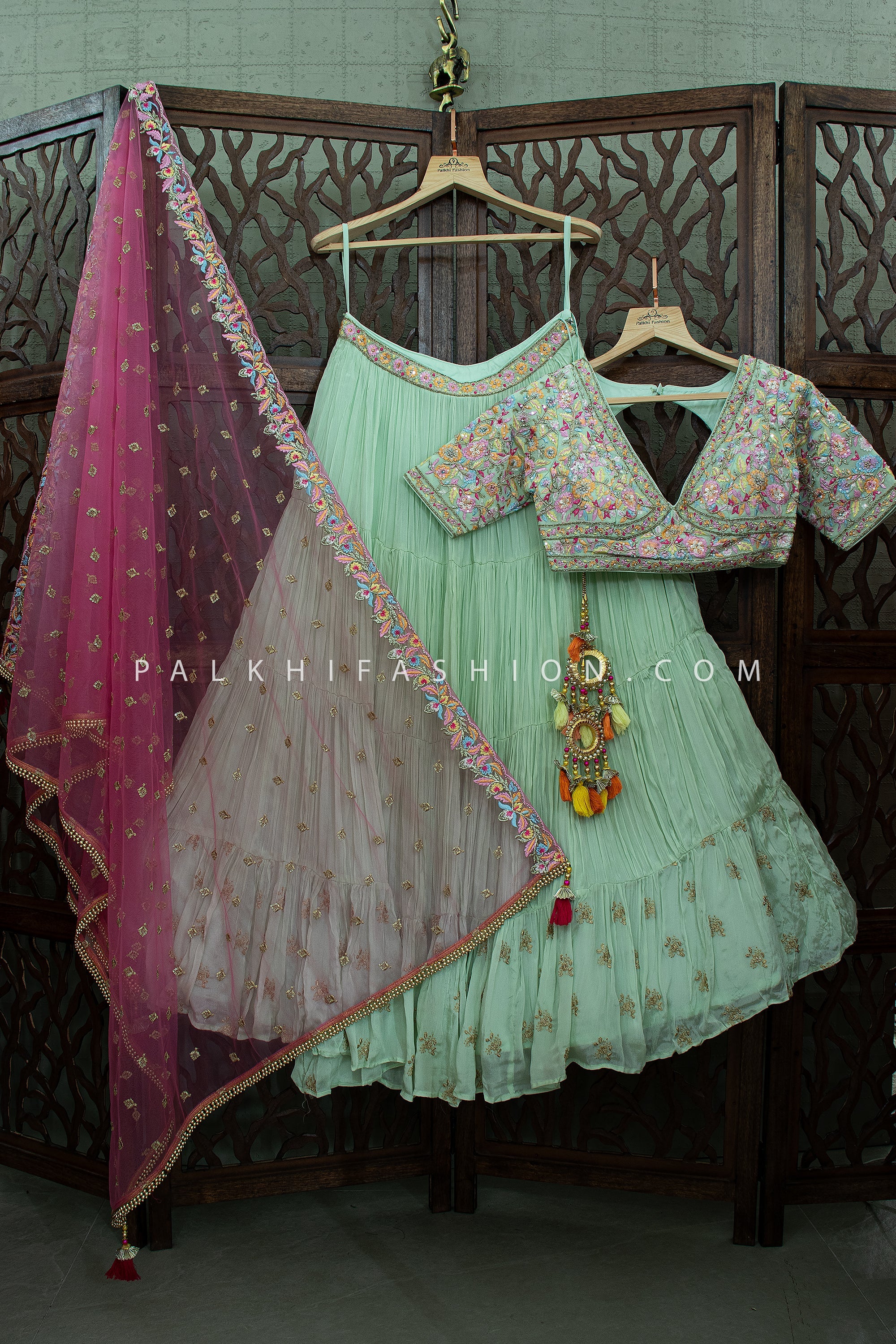 Pastel Bloom - Couture Mint Green Lehenga Choli With Designer Blouse | Palkhi Fashion