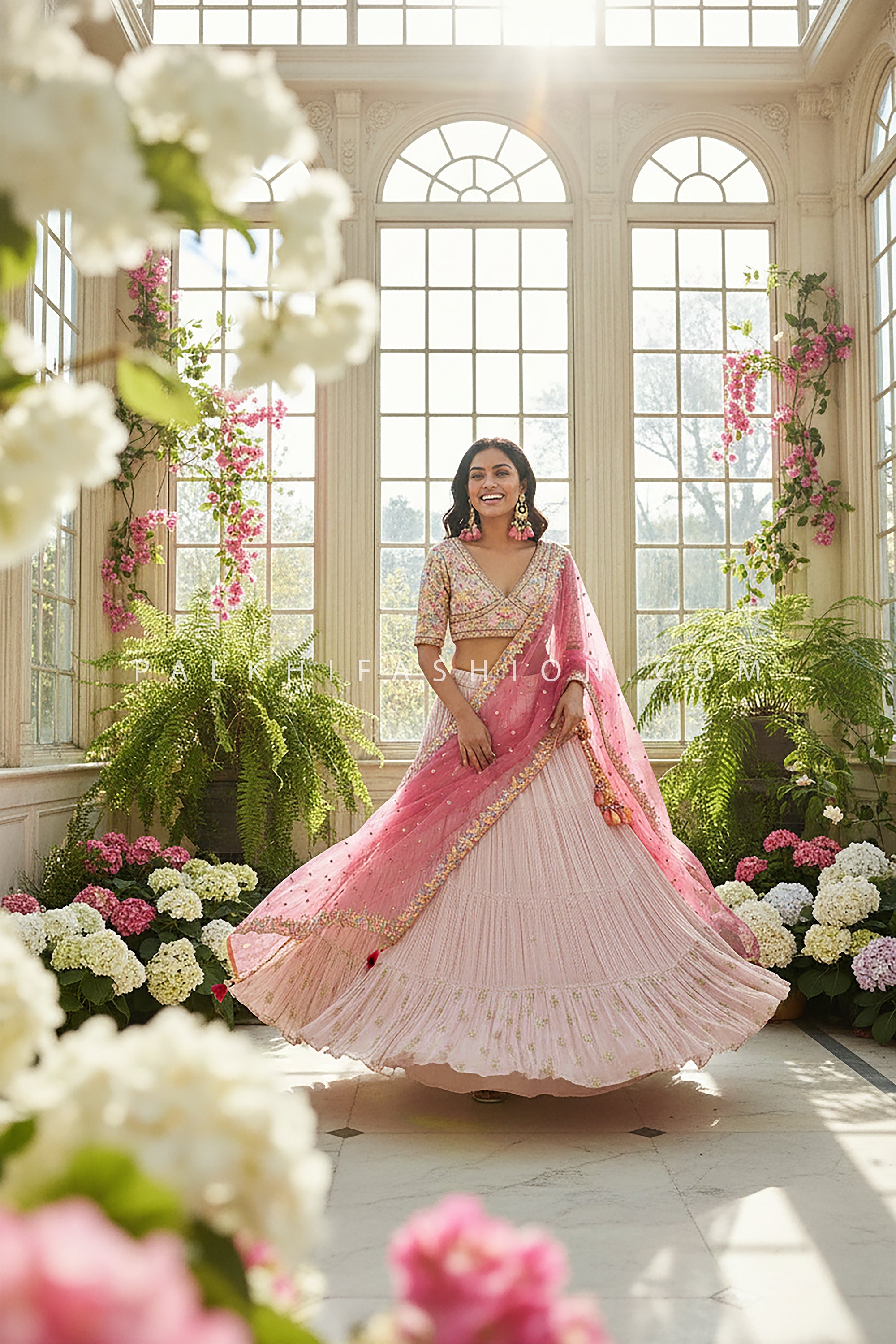Pastel Bloom - Light Pink Embroidered Lehenga Set with Contrast Dupatta – Palkhi Fashion