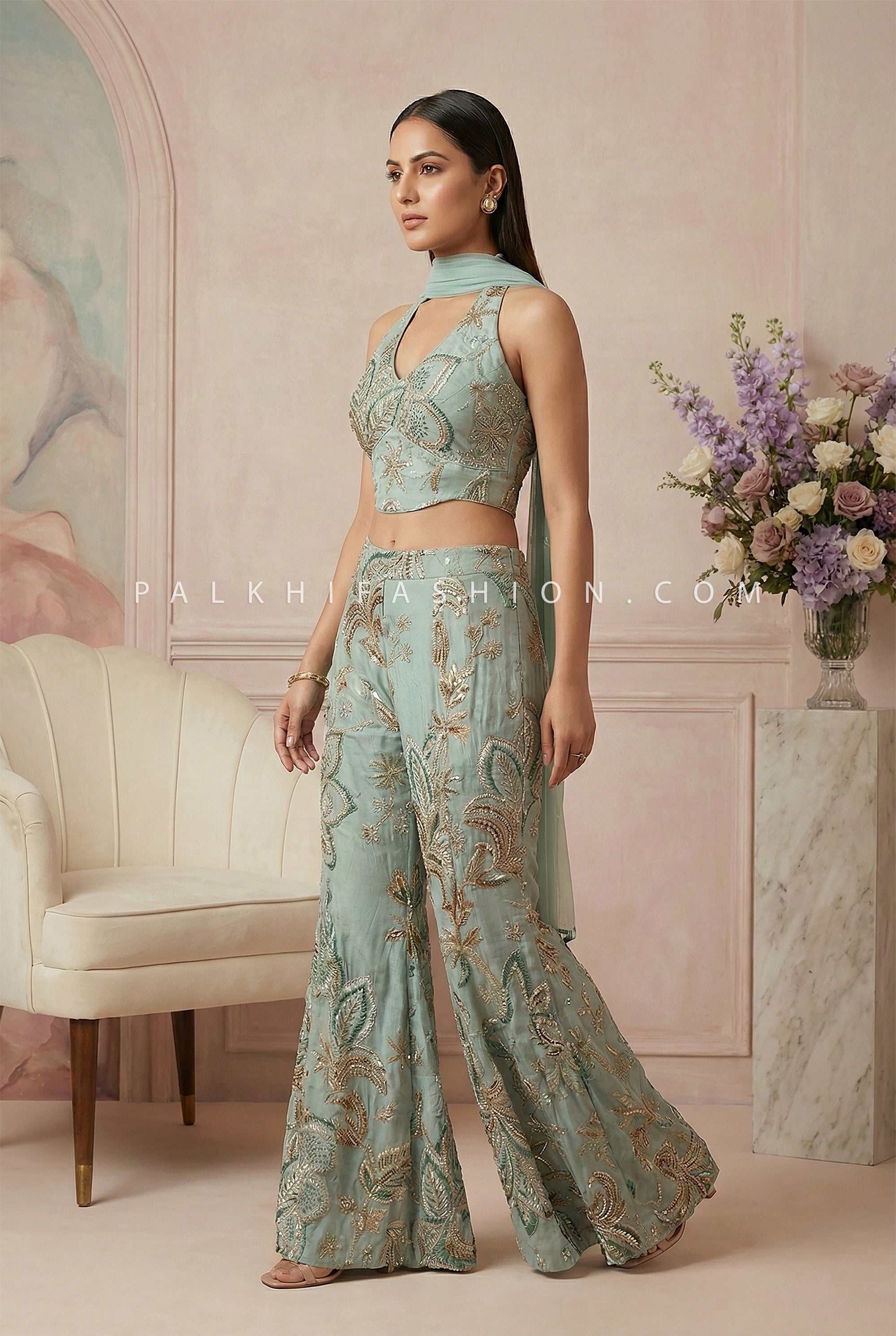 Pastel Glam - Designer Floral Embroidered Palazzo Set with Halter Blouse – Palkhi Fashion