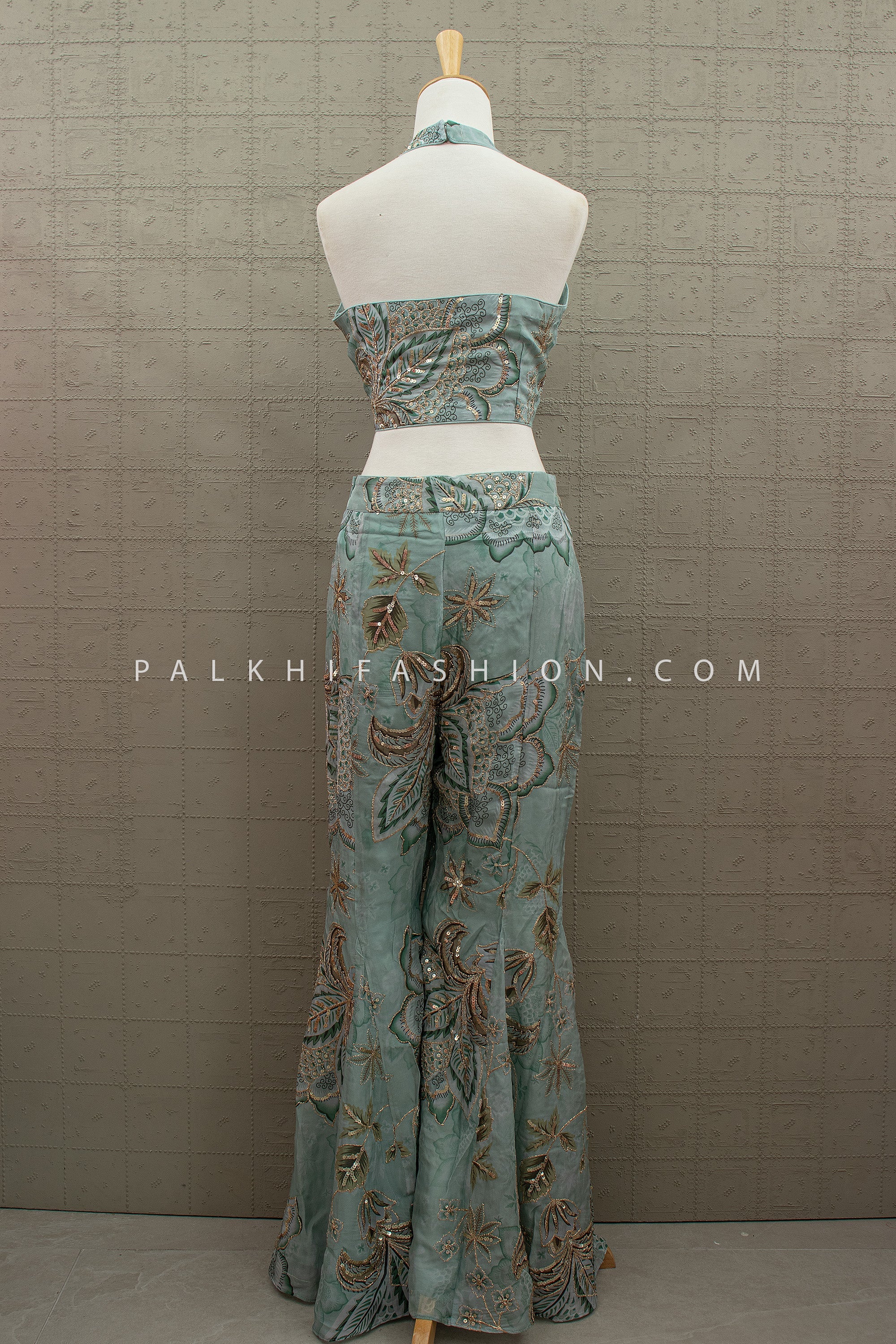 Pastel Glam - Designer Floral Embroidered Palazzo Set with Halter Blouse – Palkhi Fashion