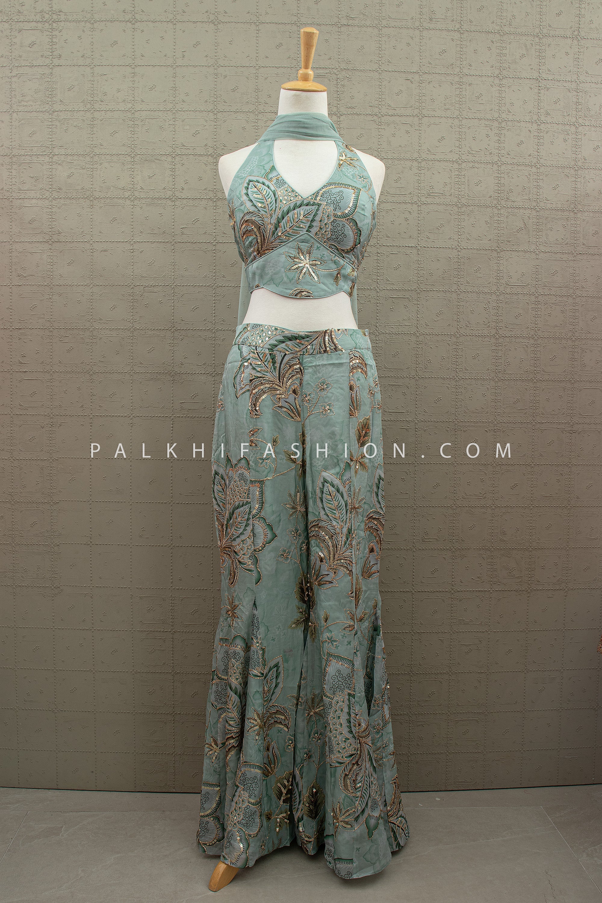 Pastel Glam - Designer Floral Embroidered Palazzo Set with Halter Blouse – Palkhi Fashion