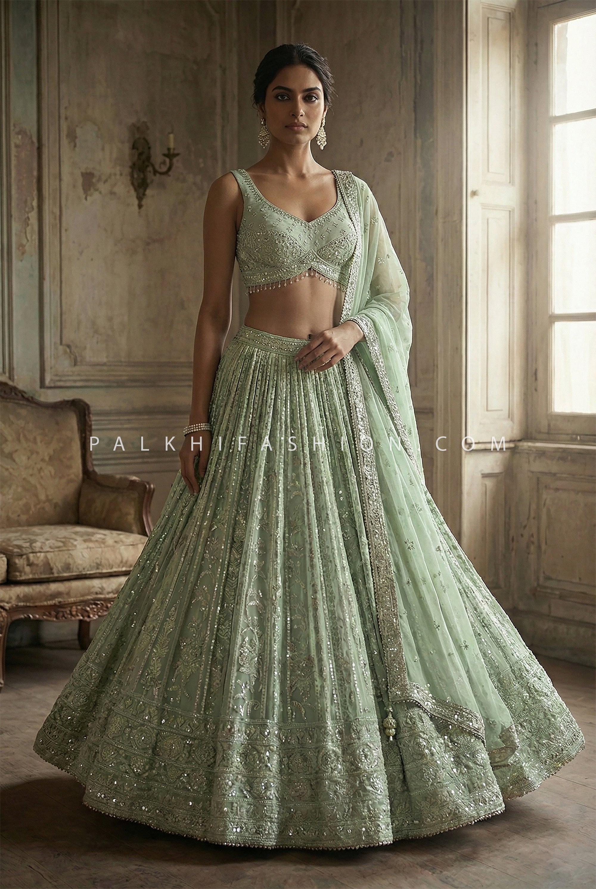 Pastel Grace - Designer Green Handwork Lehenga Set – Designer Festive Wear | Palkhi Fashion