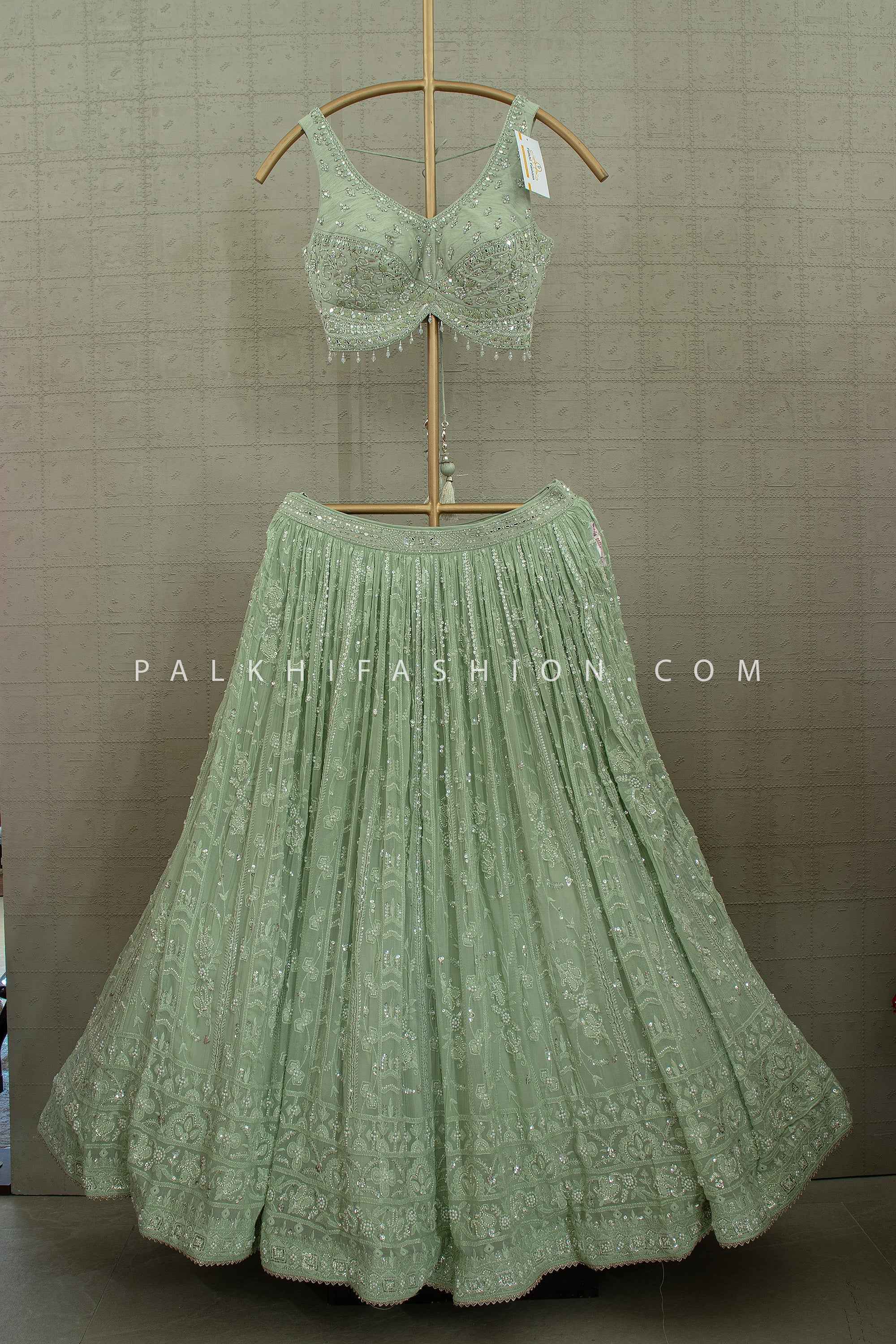 Pastel Grace - Designer Green Handwork Lehenga Set – Designer Festive Wear | Palkhi Fashion