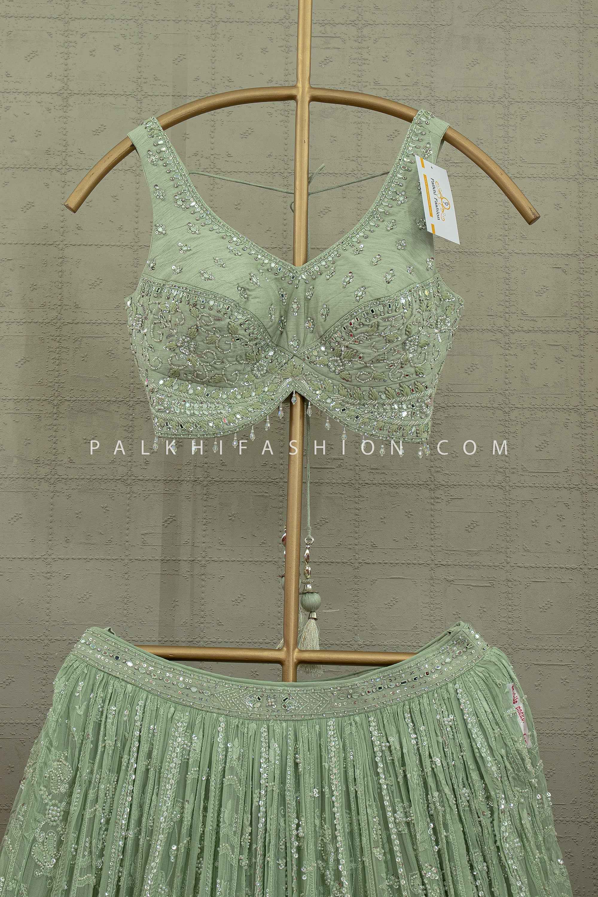 Pastel Grace - Designer Green Handwork Lehenga Set – Designer Festive Wear | Palkhi Fashion