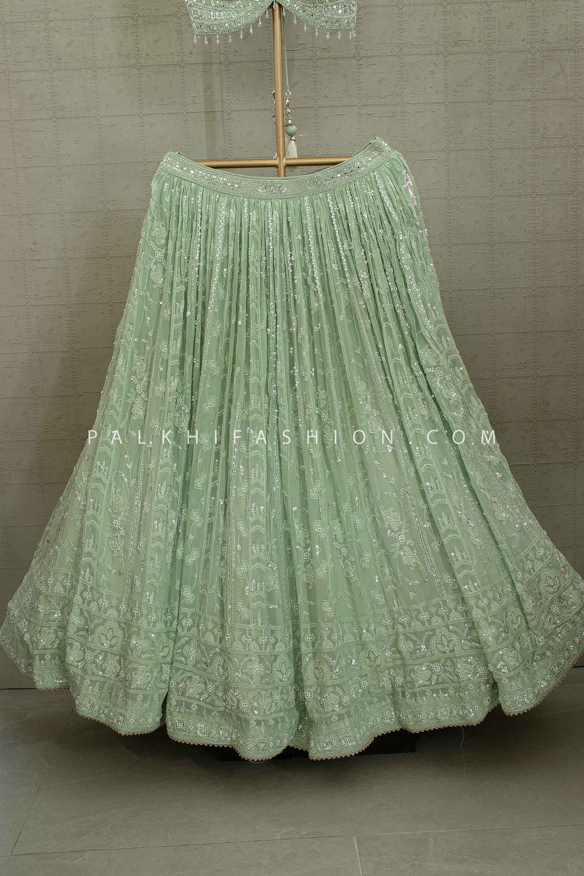 Pastel Grace - Designer Green Handwork Lehenga Set – Designer Festive Wear | Palkhi Fashion