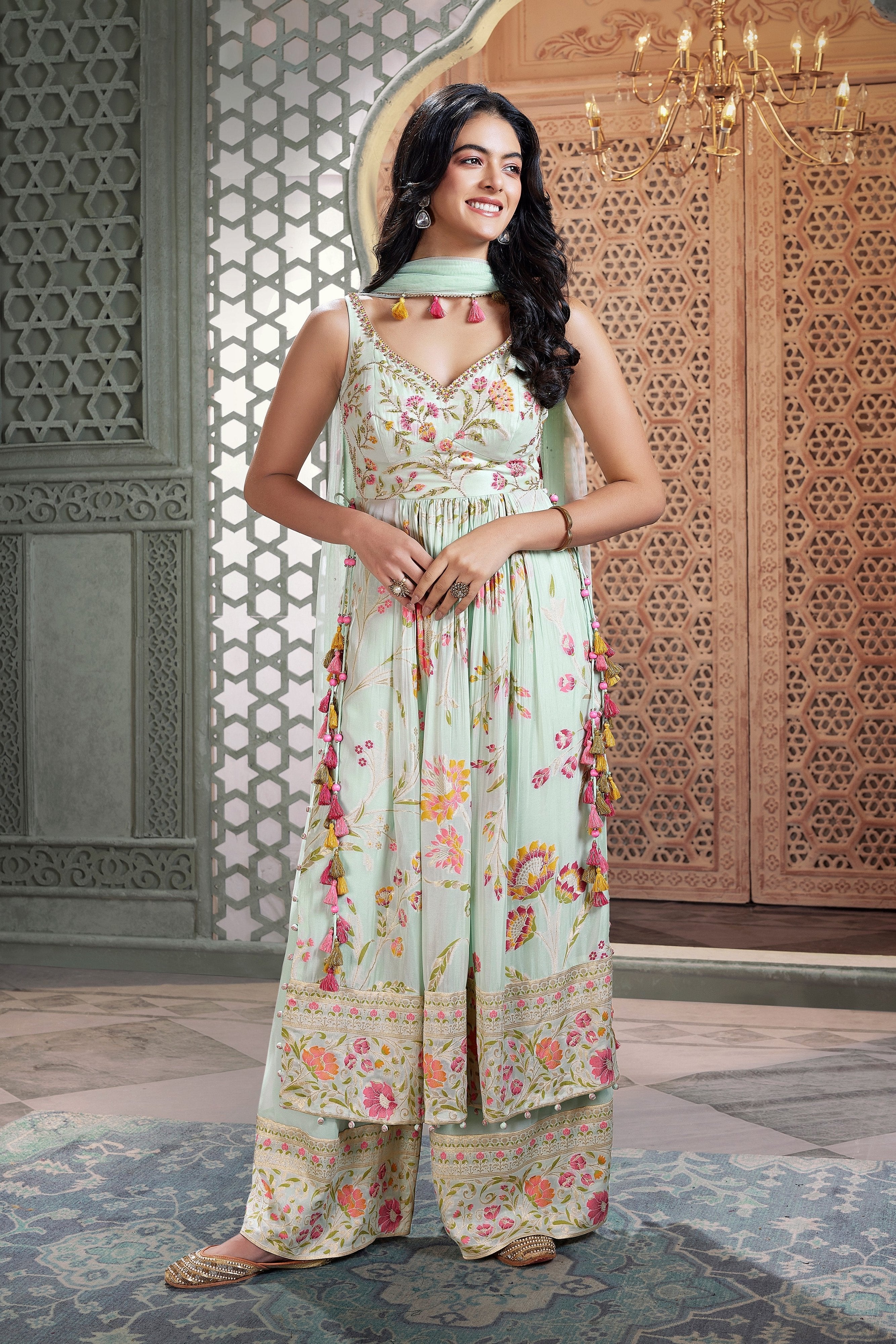 Pastel Green Naira Cut Palazzo Suit with Elegant Floral Embroidery – Palkhi Fashion