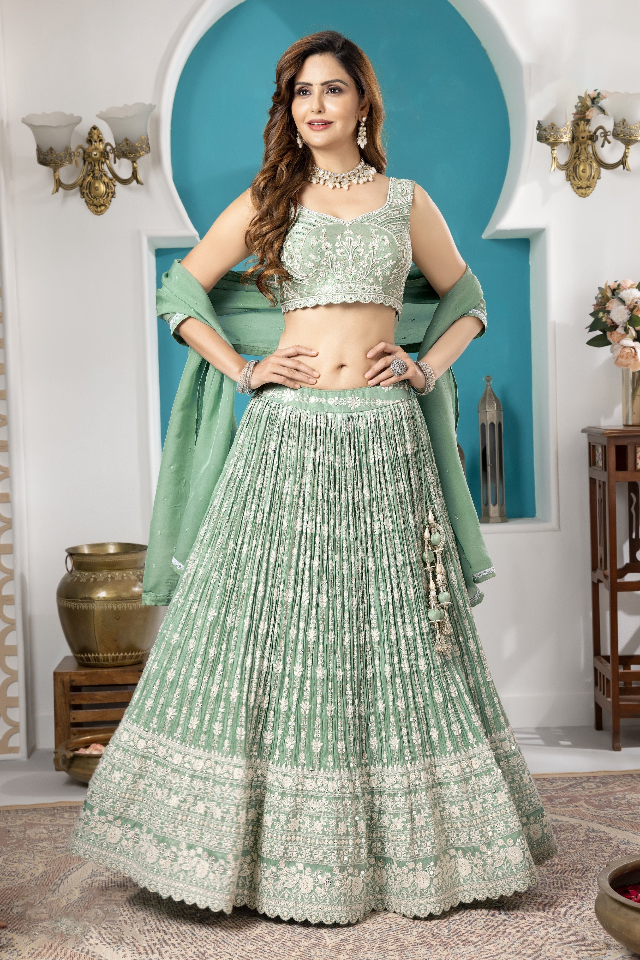 Pastel Green Soft Silk Chikankari Lehenga Choli with Handwork – Palkhi Fashion