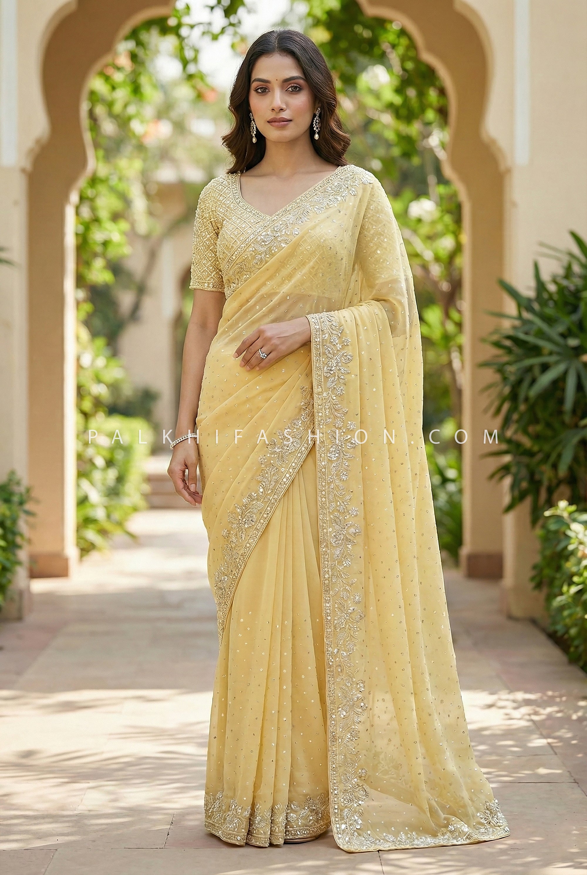 Pastel Yellow Embroidered Georgette Saree with Ready Blouse – Palkhi Fashion Houston