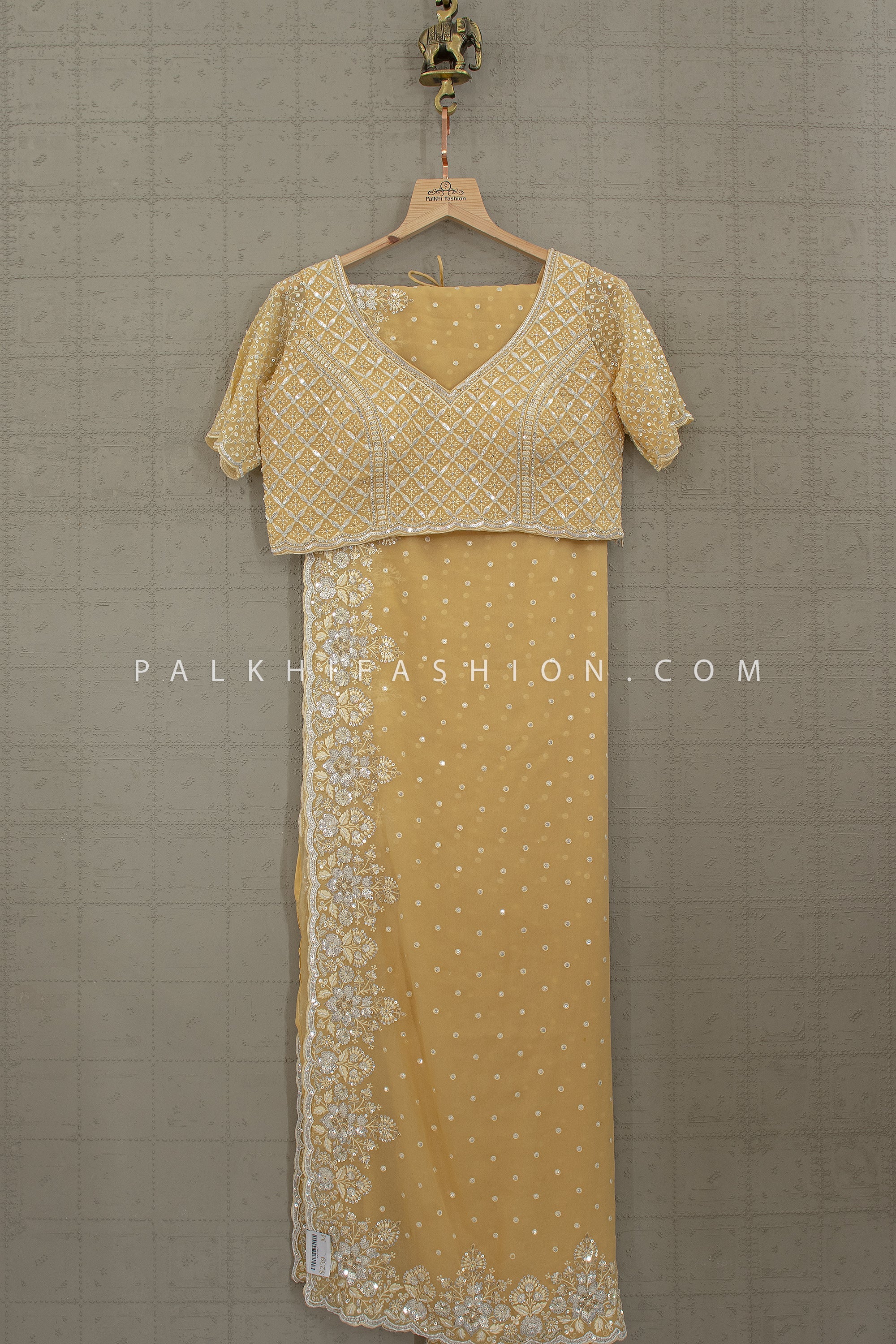 Pastel Yellow Embroidered Georgette Saree with Ready Blouse – Palkhi Fashion Houston