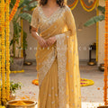 Pastel Yellow Embroidered Saree Set with Statement Blouse – Palkhi Fashion Houston