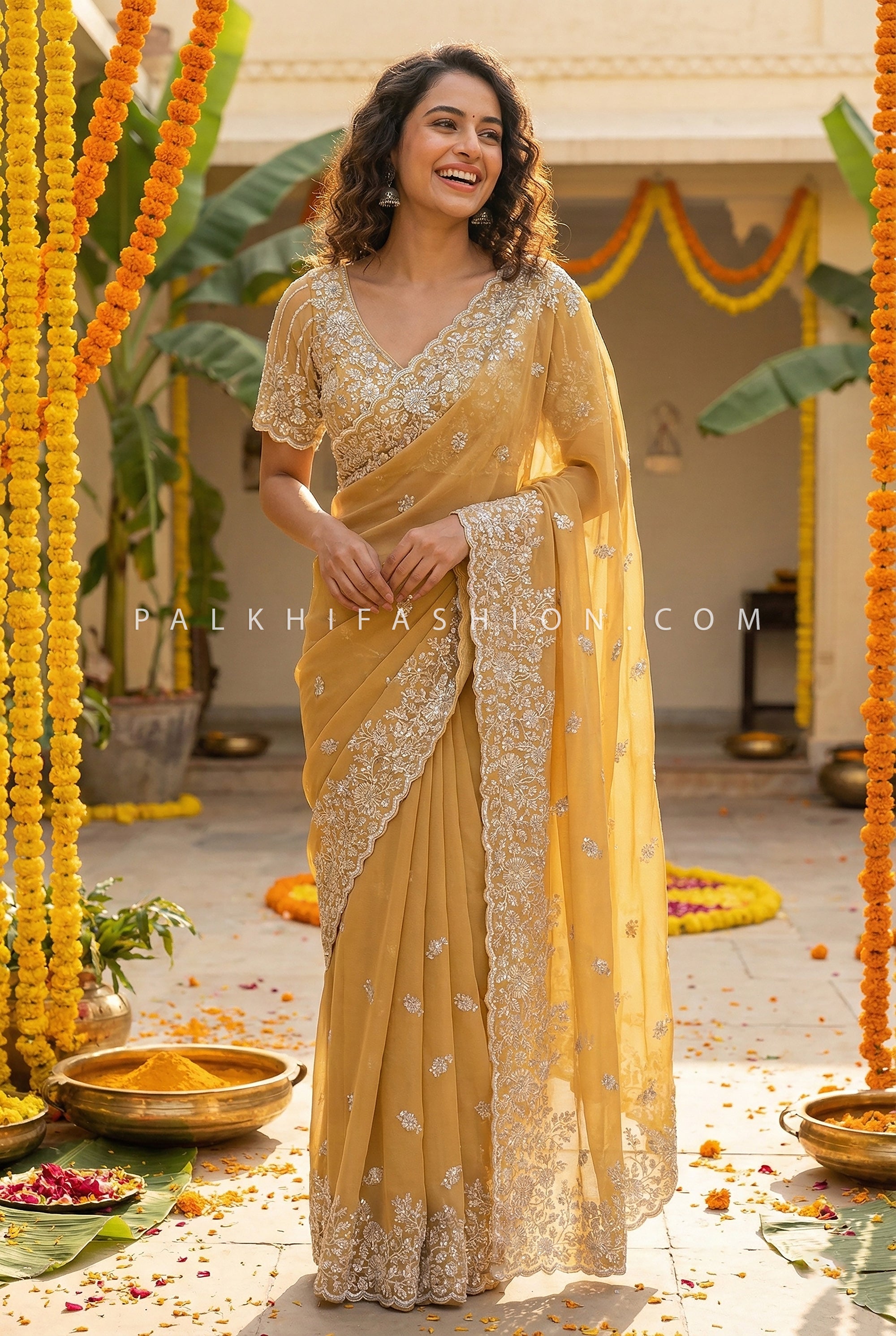 Pastel Yellow Embroidered Saree Set with Statement Blouse – Palkhi Fashion Houston