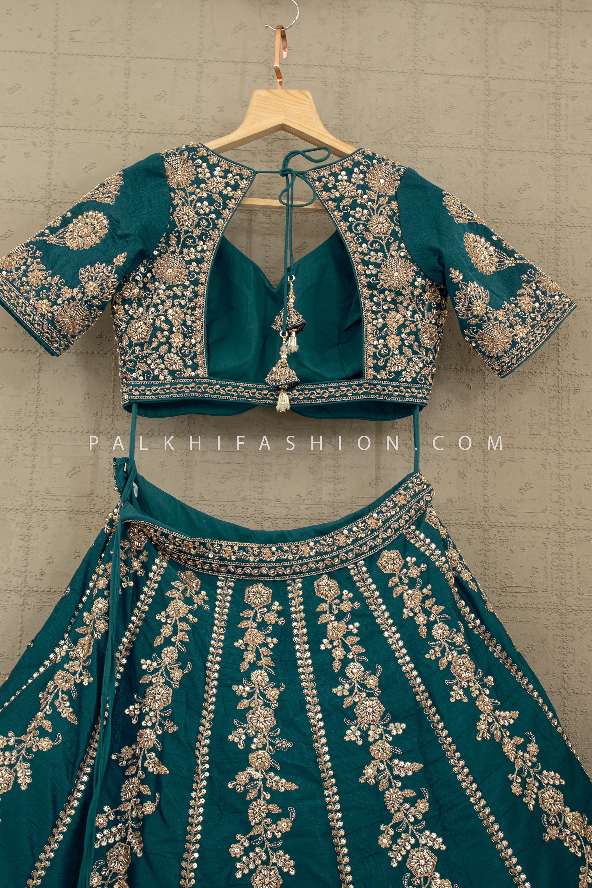 Peacock Green Elegance: Designer Teal Lehenga with Cutdana & Handwork – Palkhi Fashion USA