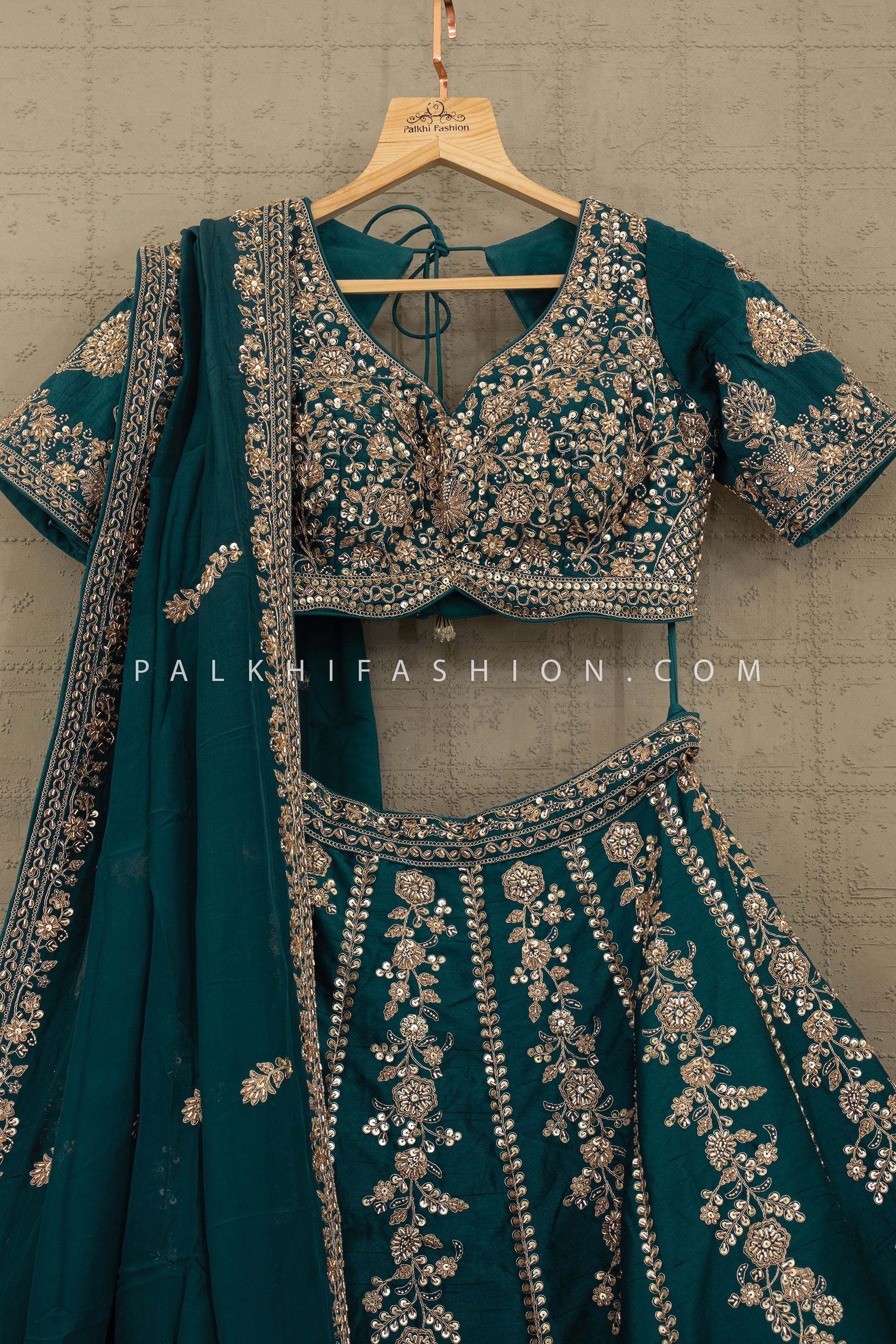 Peacock Green Elegance: Designer Teal Lehenga with Cutdana & Handwork – Palkhi Fashion USA