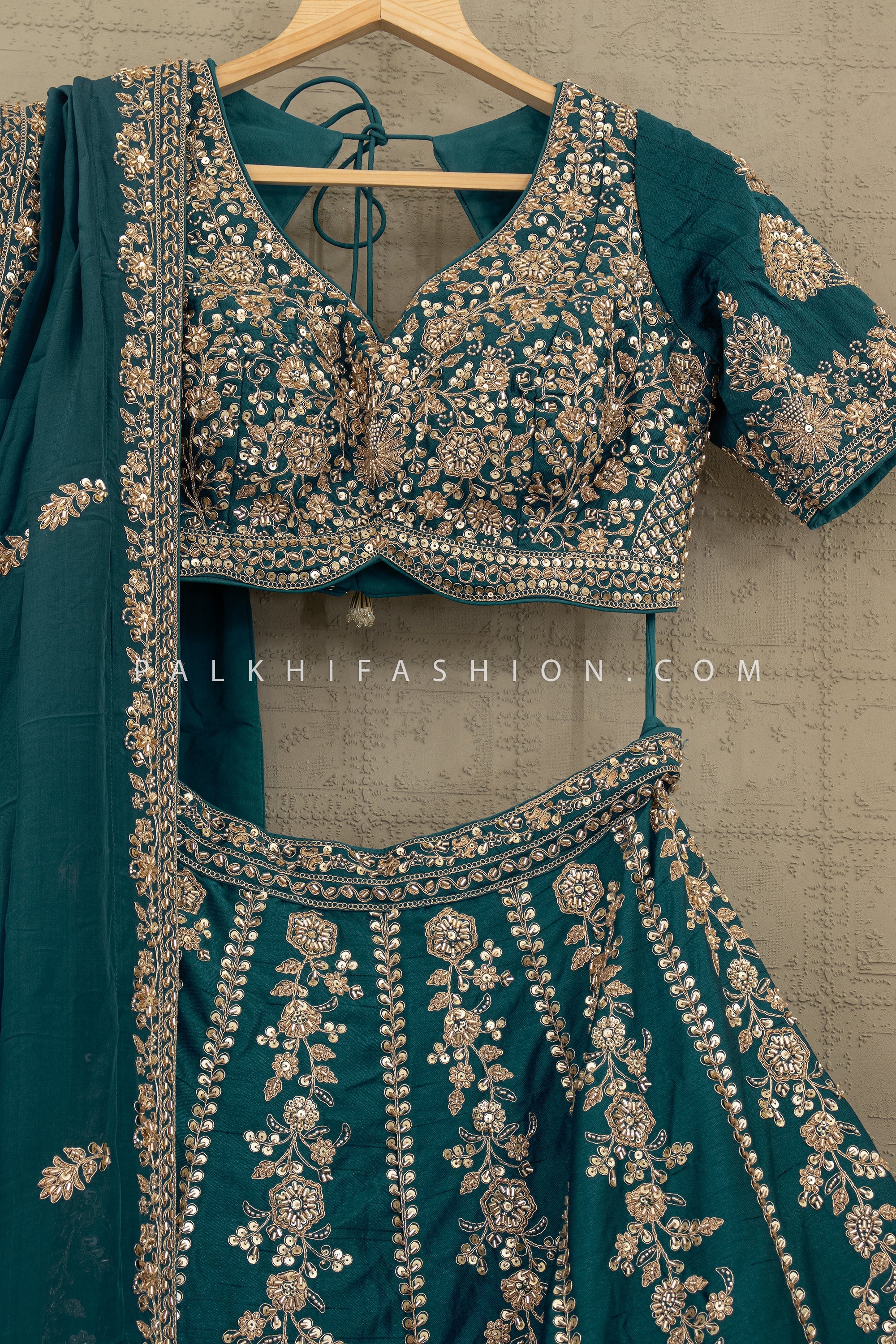 Peacock Green Elegance: Designer Teal Lehenga with Cutdana & Handwork – Palkhi Fashion USA