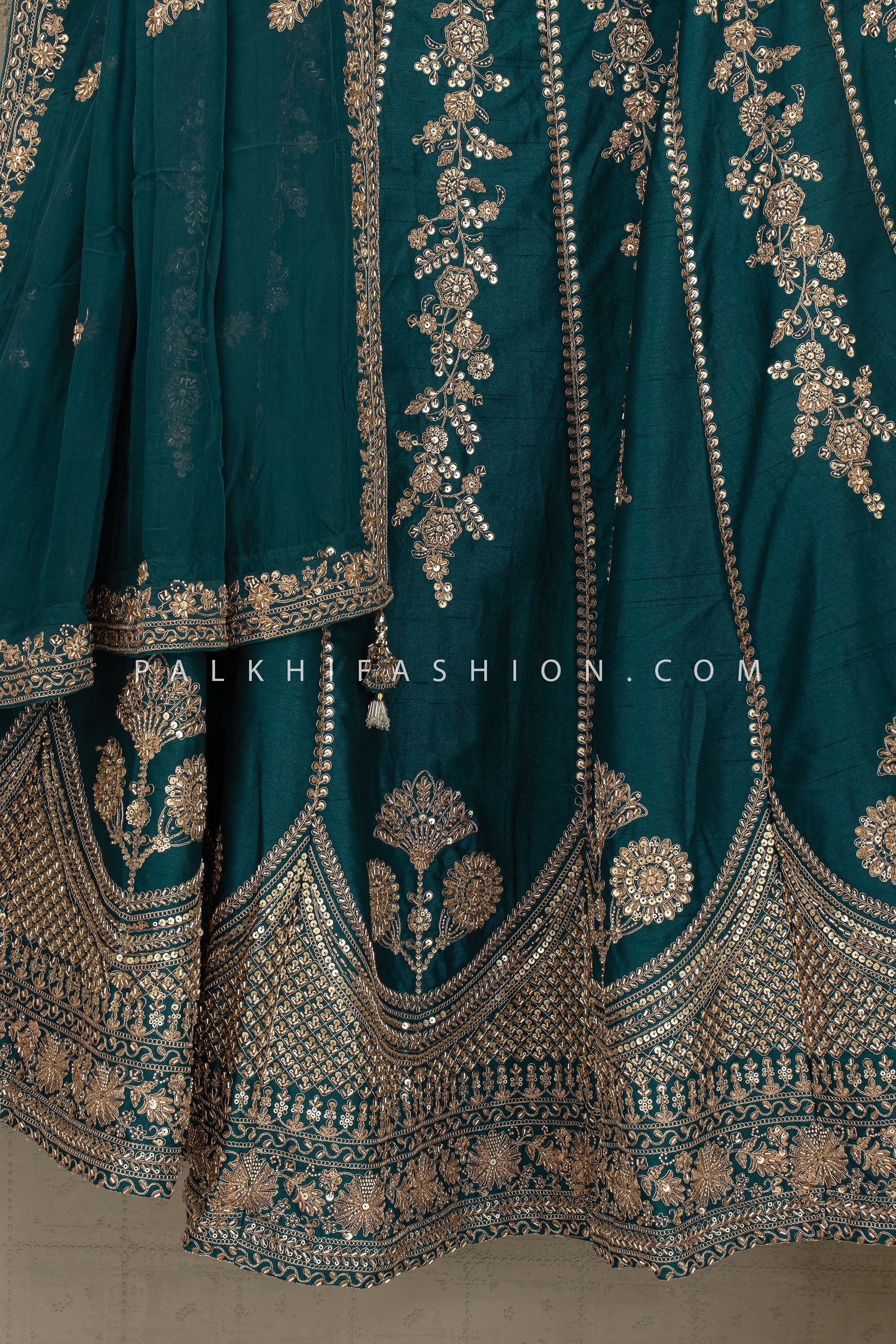 Peacock Green Elegance: Designer Teal Lehenga with Cutdana & Handwork – Palkhi Fashion USA