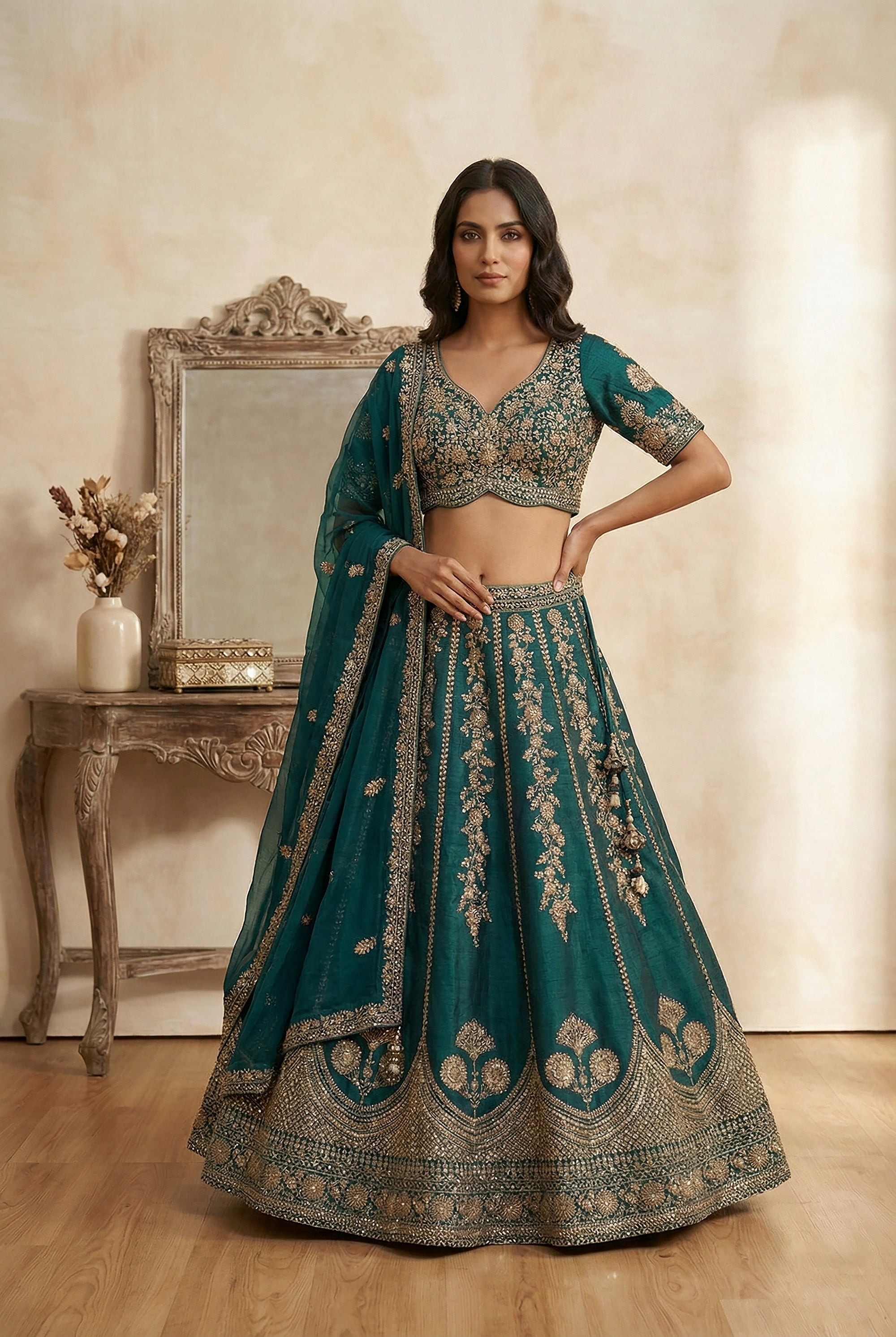 Peacock Green Elegance: Designer Teal Lehenga with Cutdana & Handwork – Palkhi Fashion USA