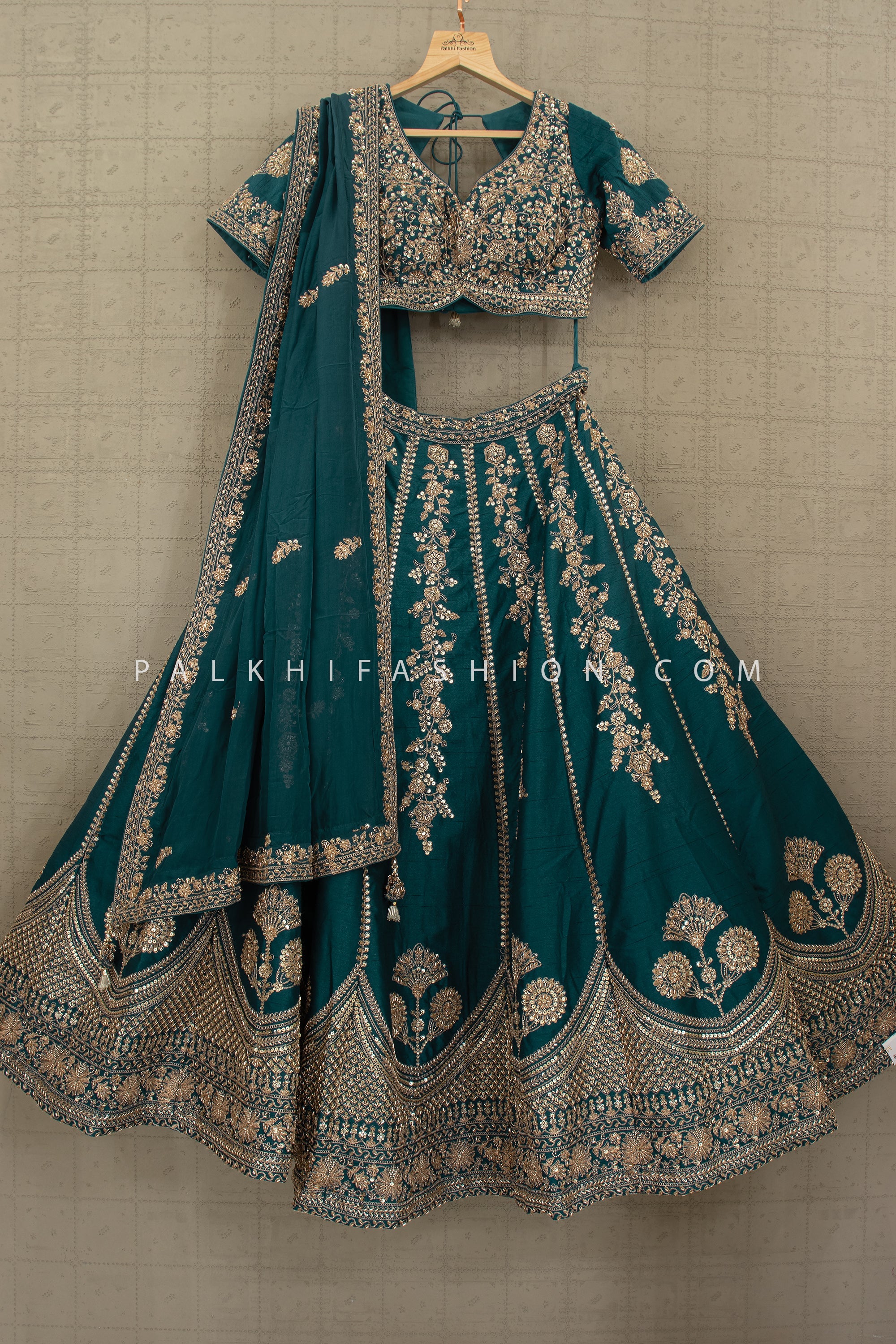 Peacock Green Elegance: Designer Teal Lehenga with Cutdana & Handwork – Palkhi Fashion USA